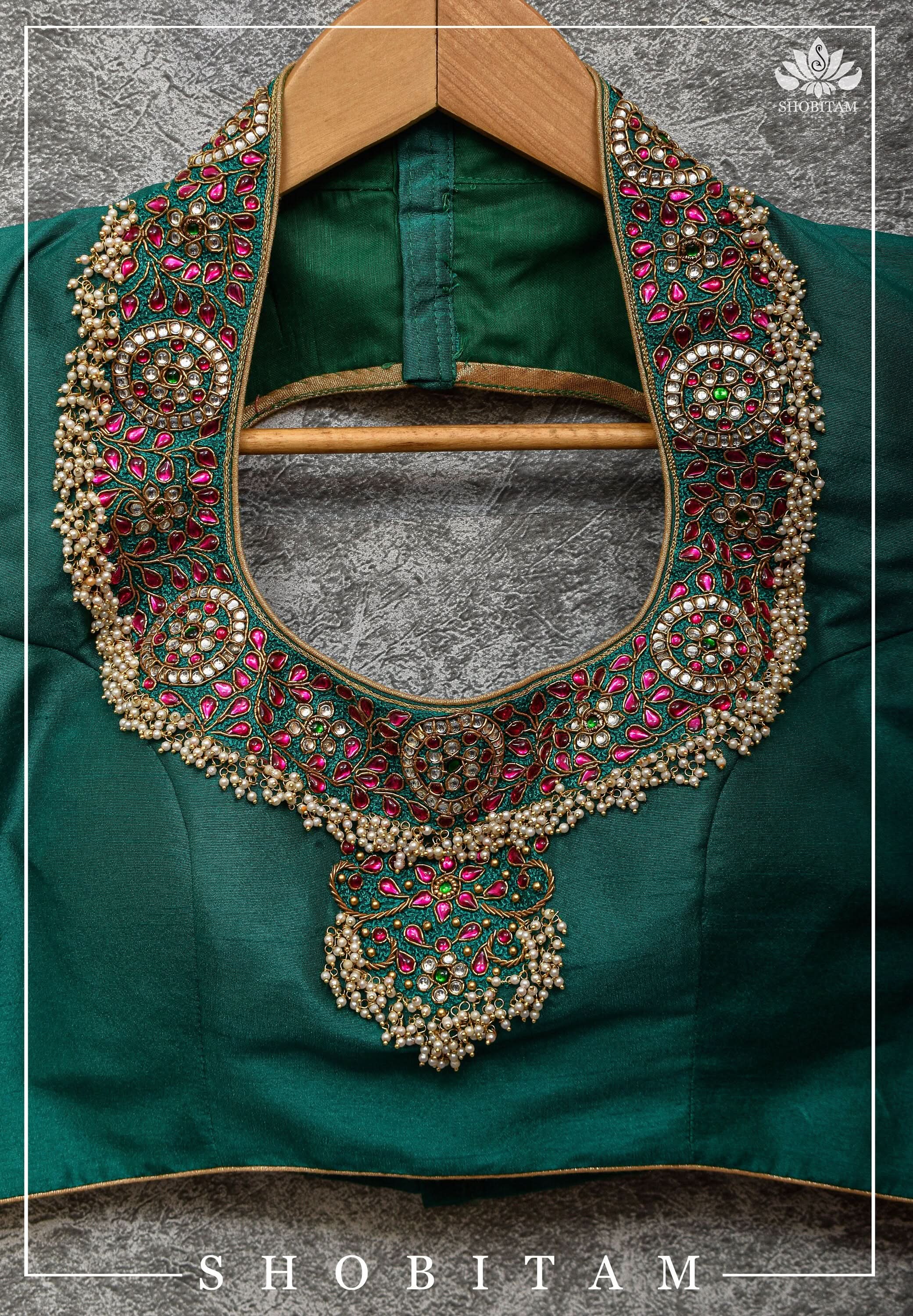 Made to Order: Necklace Design Jadau Ornamental Sleeveless Blouse in Green Raw SIlk | Shobitam Blouse