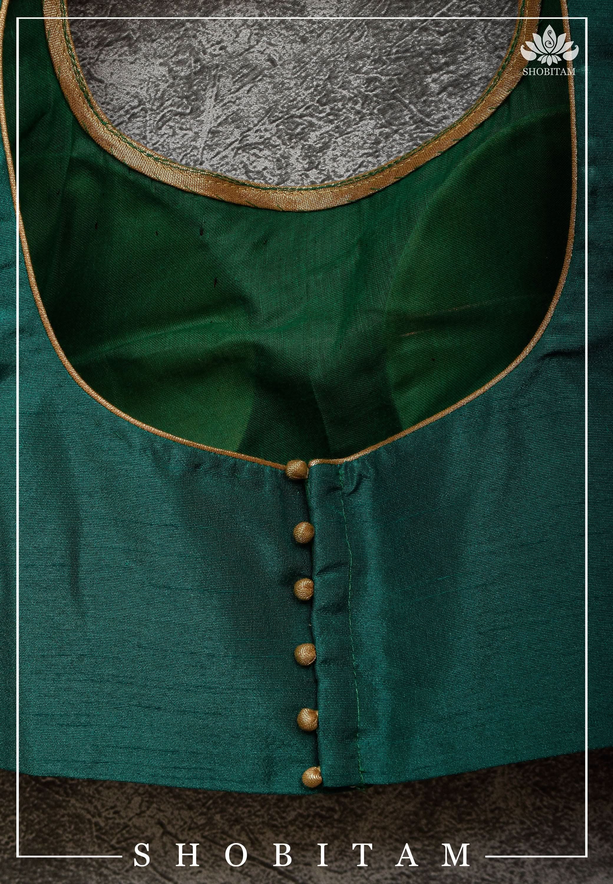 Made to Order: Necklace Design Jadau Ornamental Sleeveless Blouse in Green Raw SIlk | Shobitam Blouse