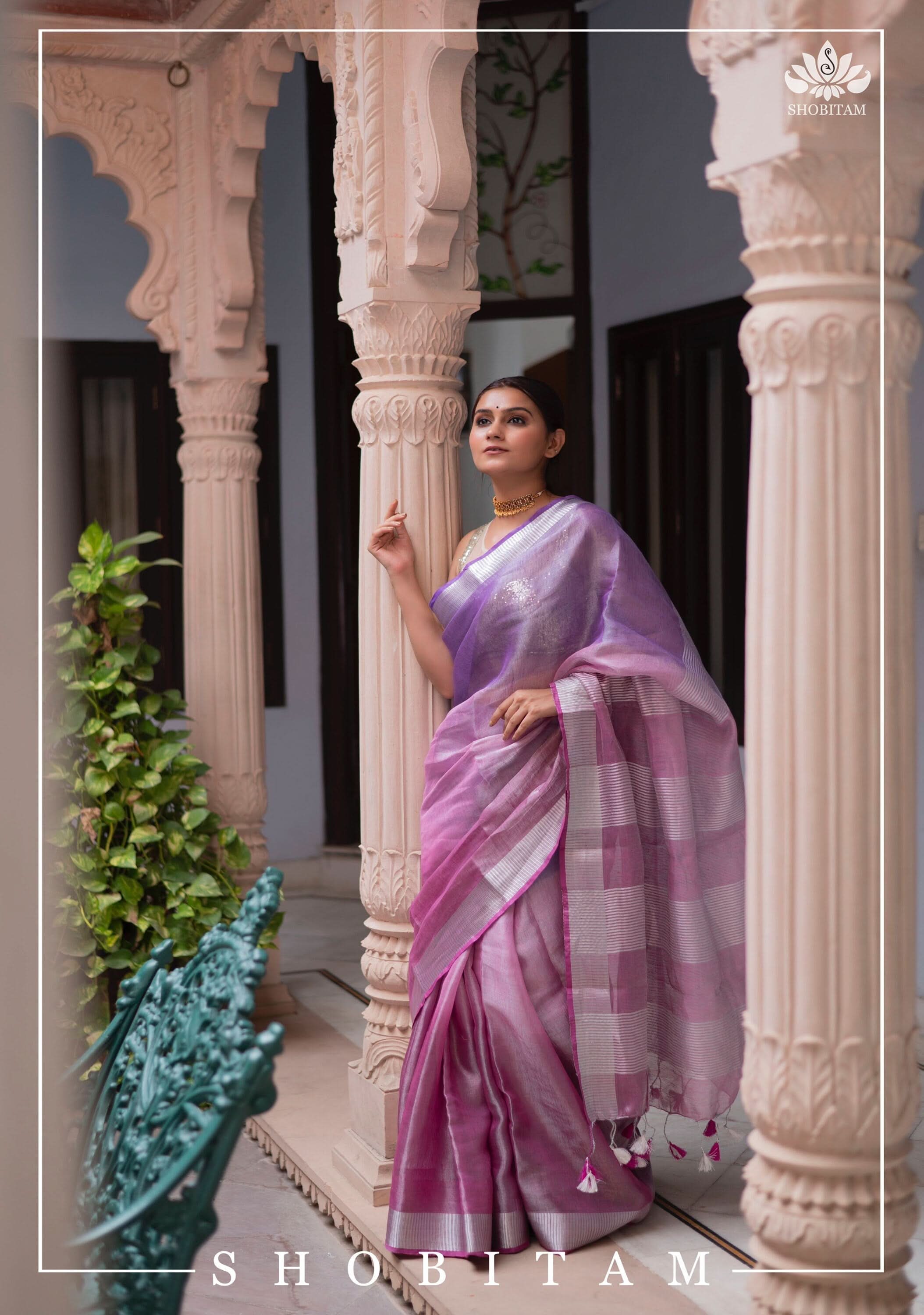 Shobitam Designer Collections - Pretty Lilac and Pink Ombre Tissue Linen saree