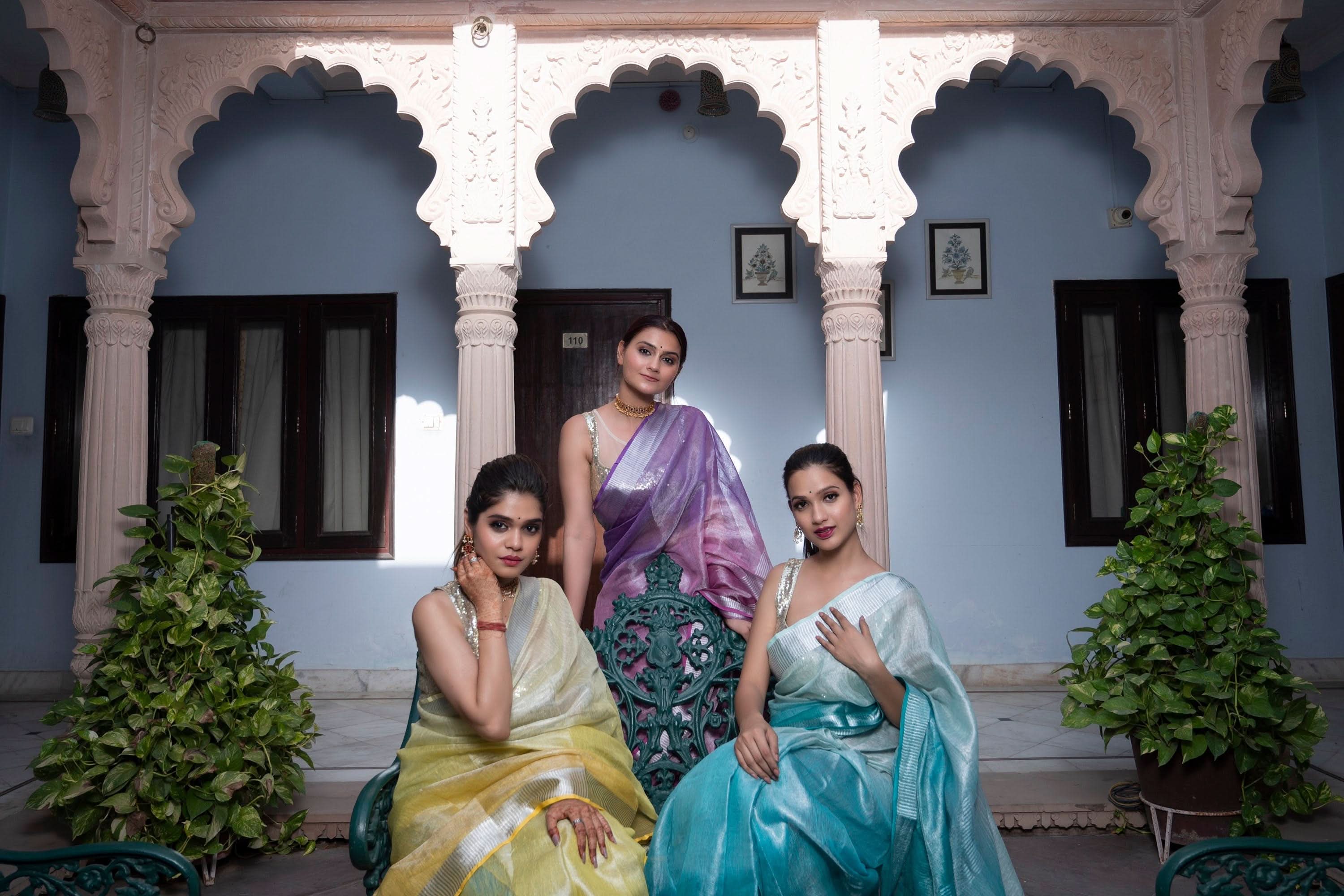 Ombre Yellow and Silver Tissue Linen Saree | Shobitam Saree