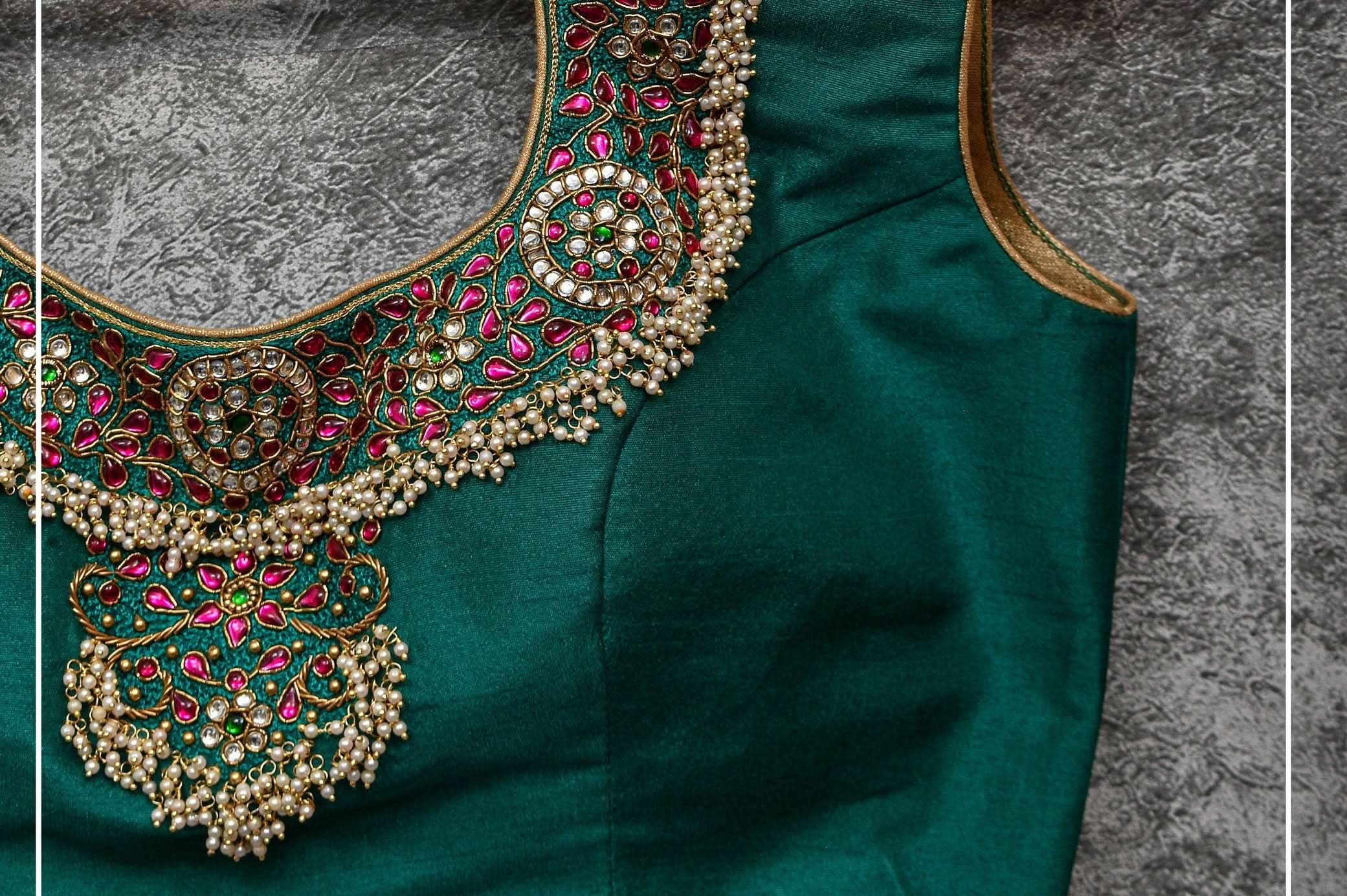 Made to Order: Necklace Design Jadau Ornamental Sleeveless Blouse in Green Raw SIlk | Shobitam Blouse