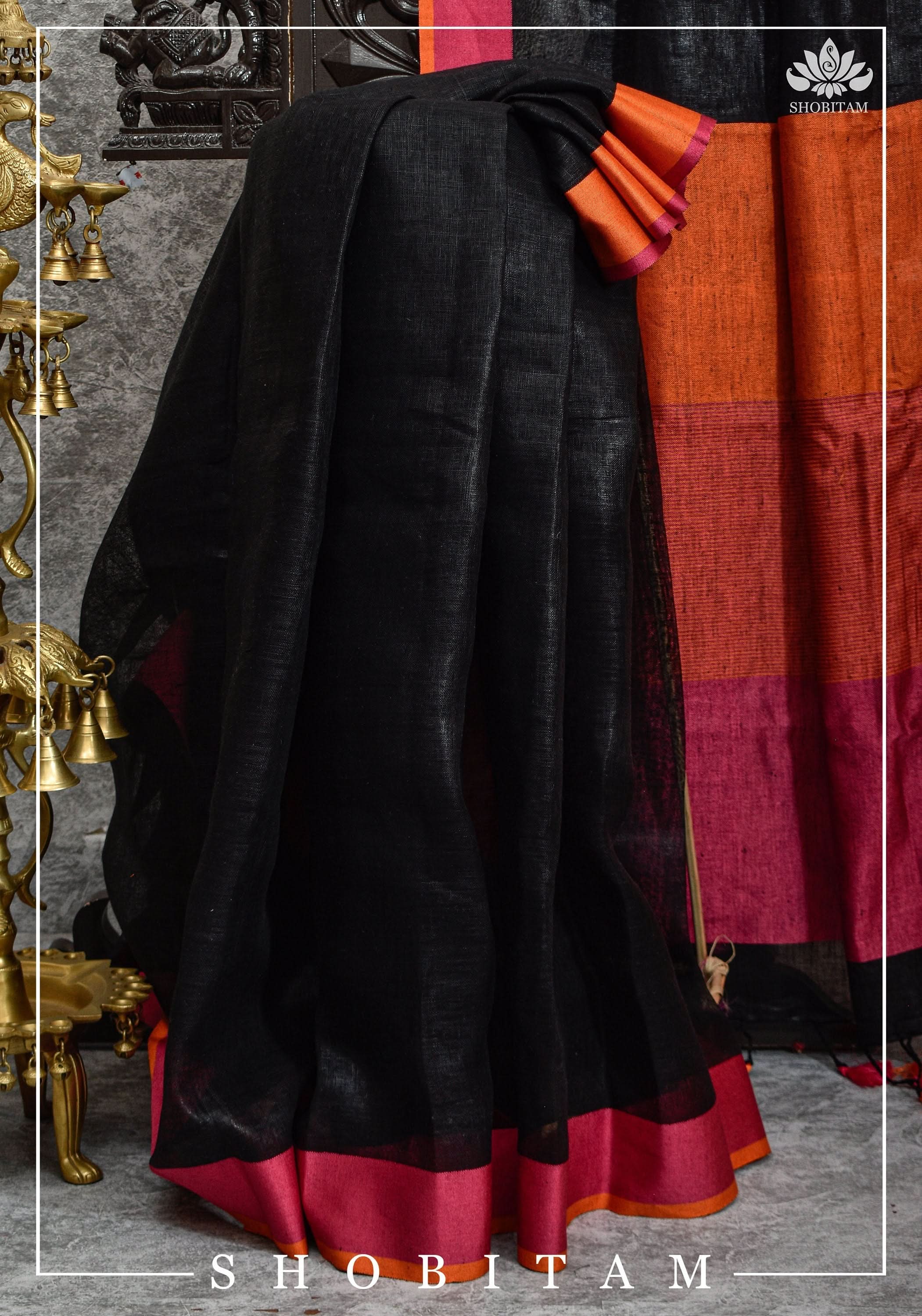 Ganga Jamuna Borders on Black Linen by Linen Saree | Sarees by Shobitam