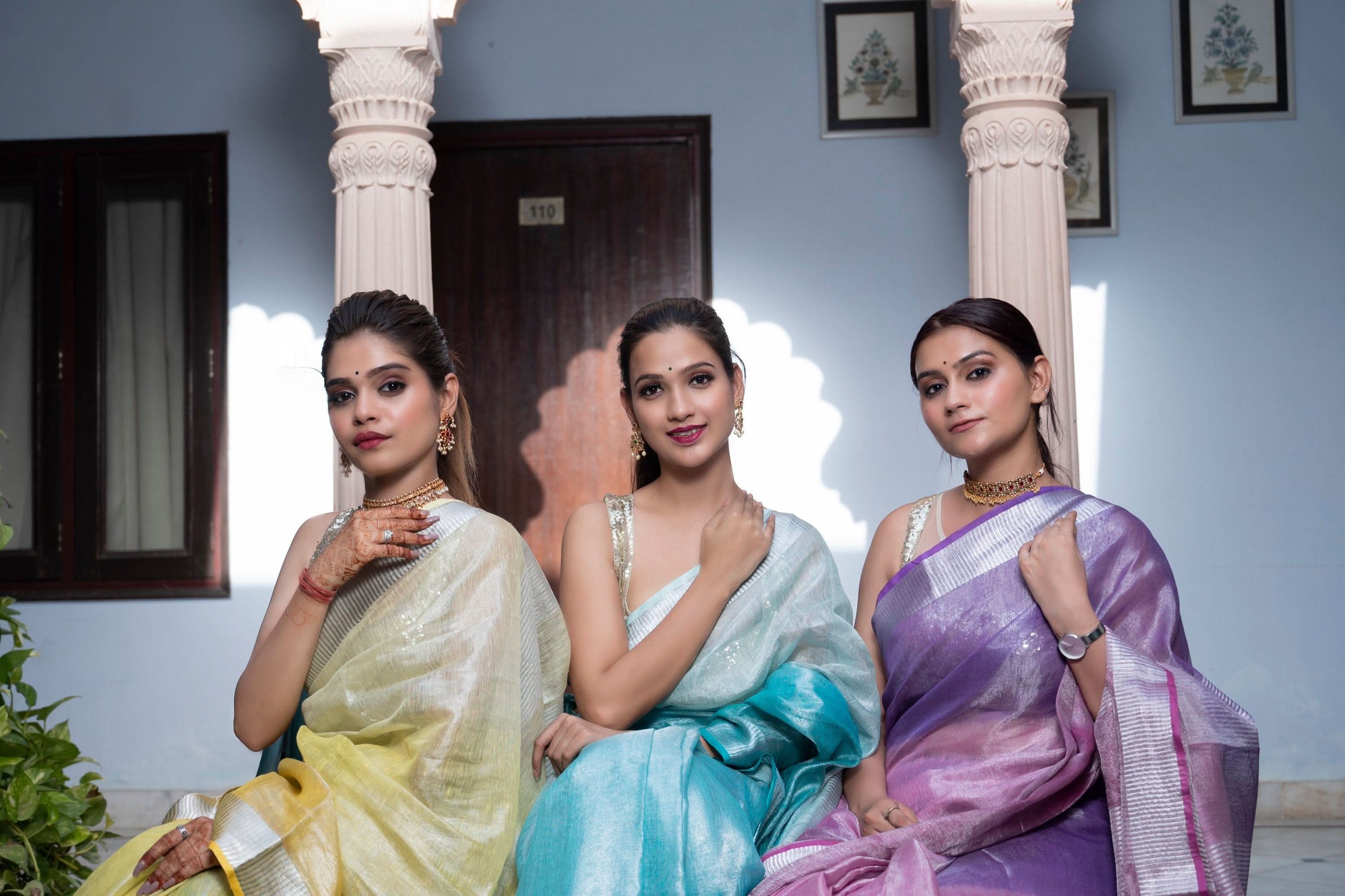 Ombre Yellow and Silver Tissue Linen Saree | Shobitam Saree