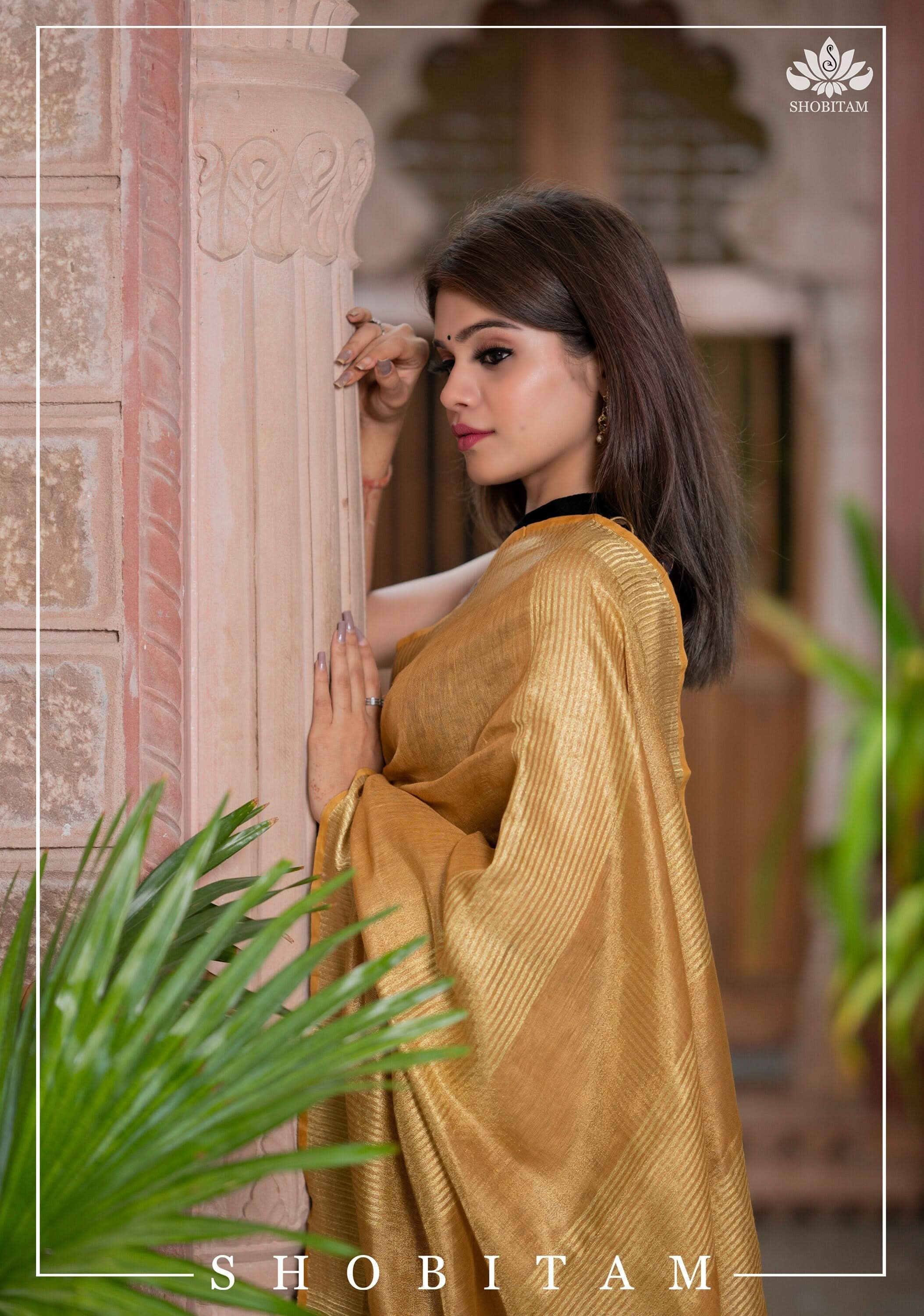 Tan Gold Tissue Linen Saree | Shobitam Saree