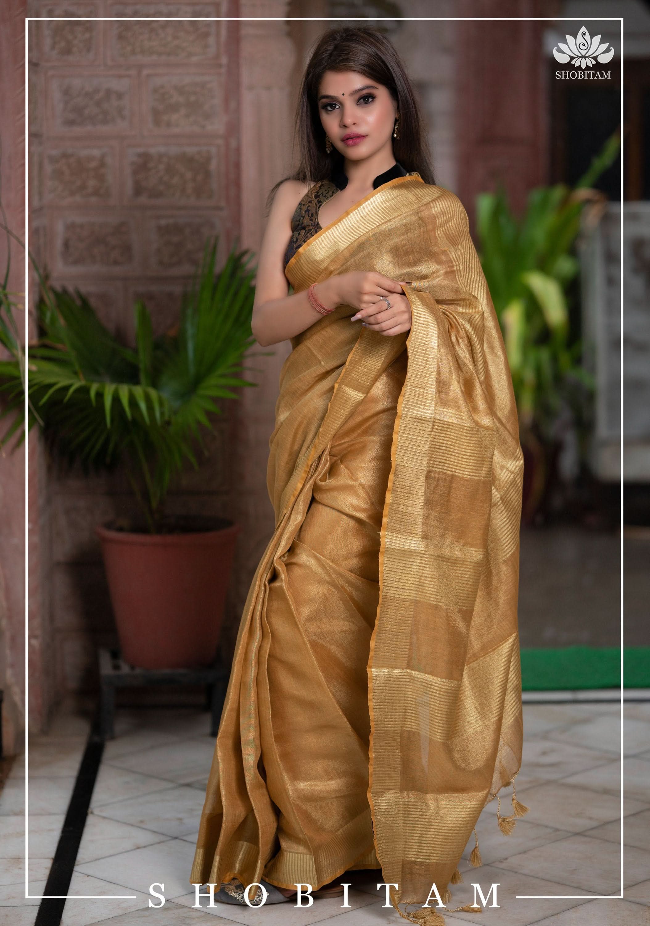 Tan Gold Tissue Linen Saree | Shobitam Saree