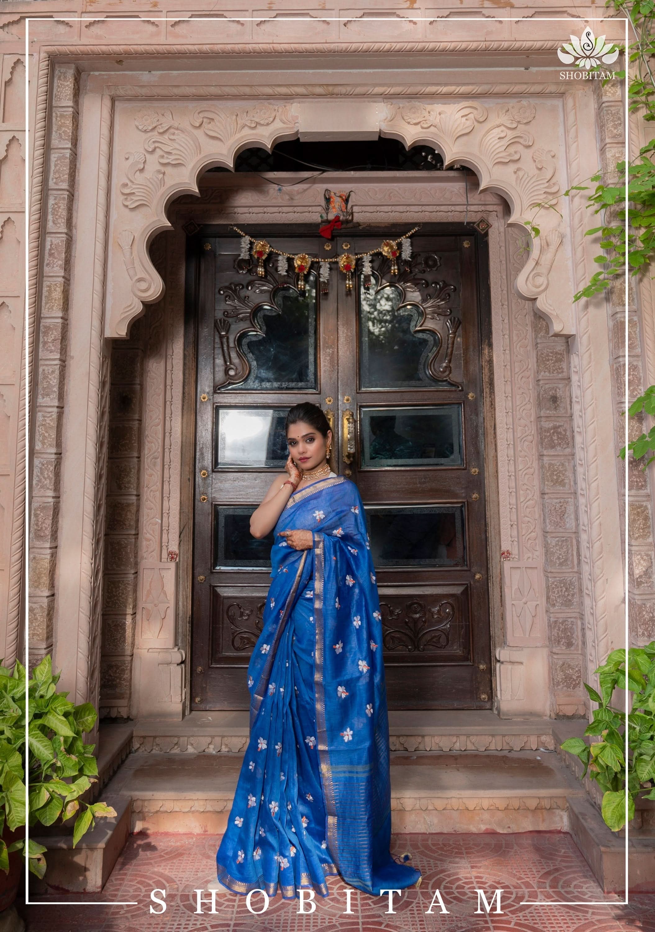 parijaat Blue Silk Linen Saree with Embroidery | Shobitam