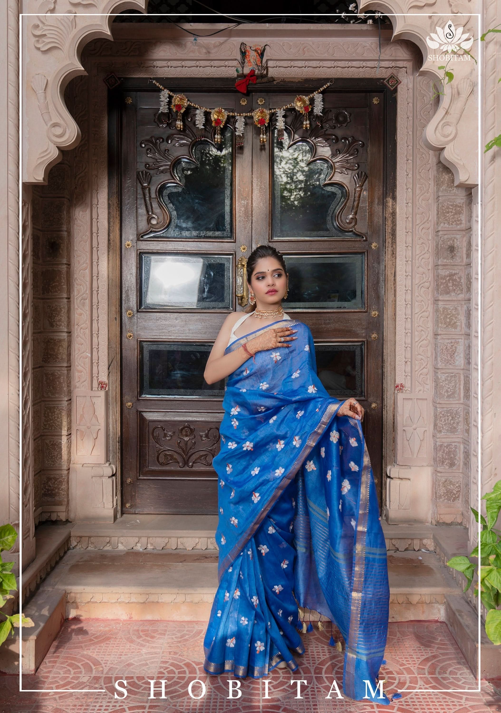 parijaat Blue Silk Linen Saree with Embroidery | Shobitam