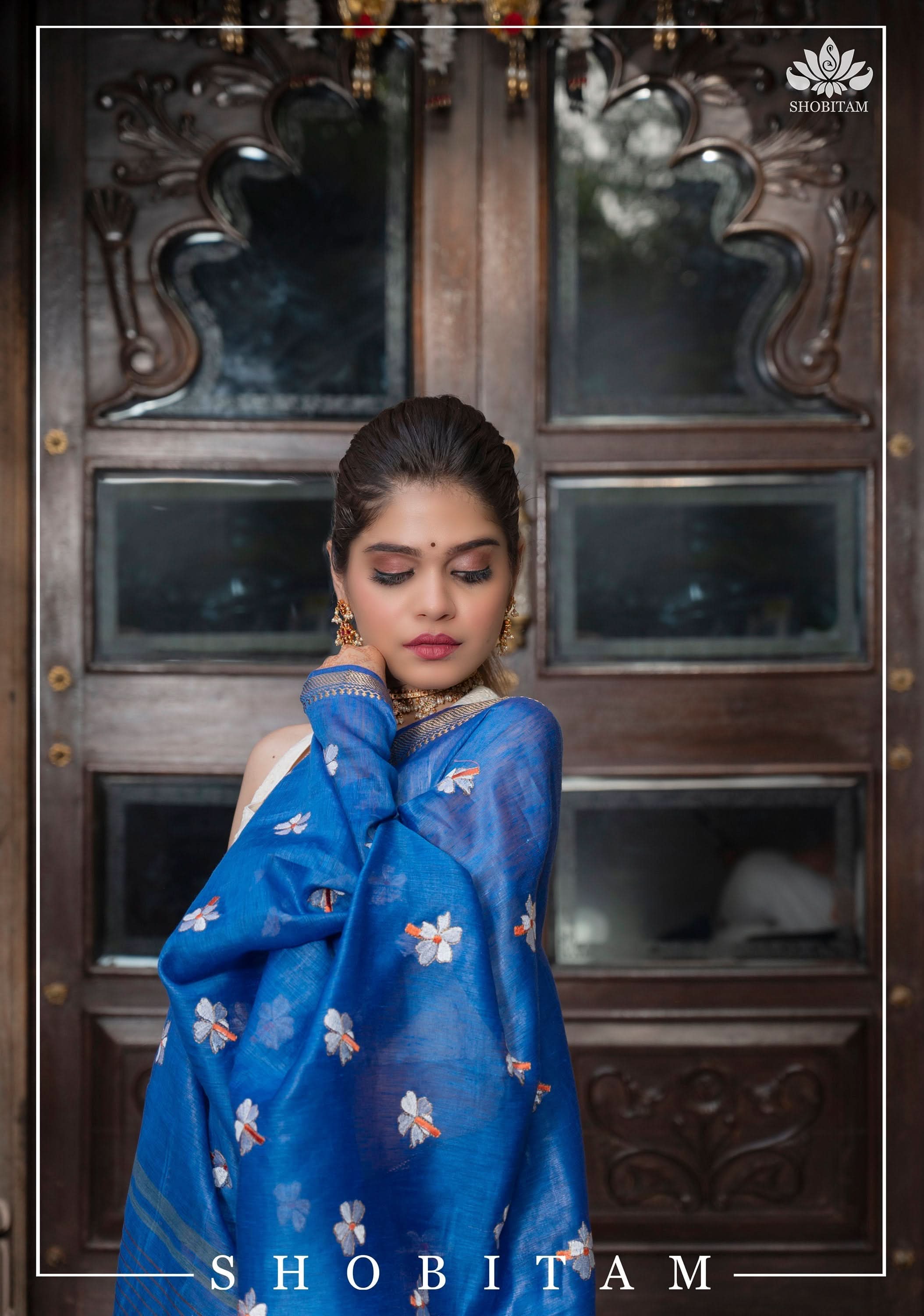 parijaat Blue Silk Linen Saree with Embroidery | Shobitam
