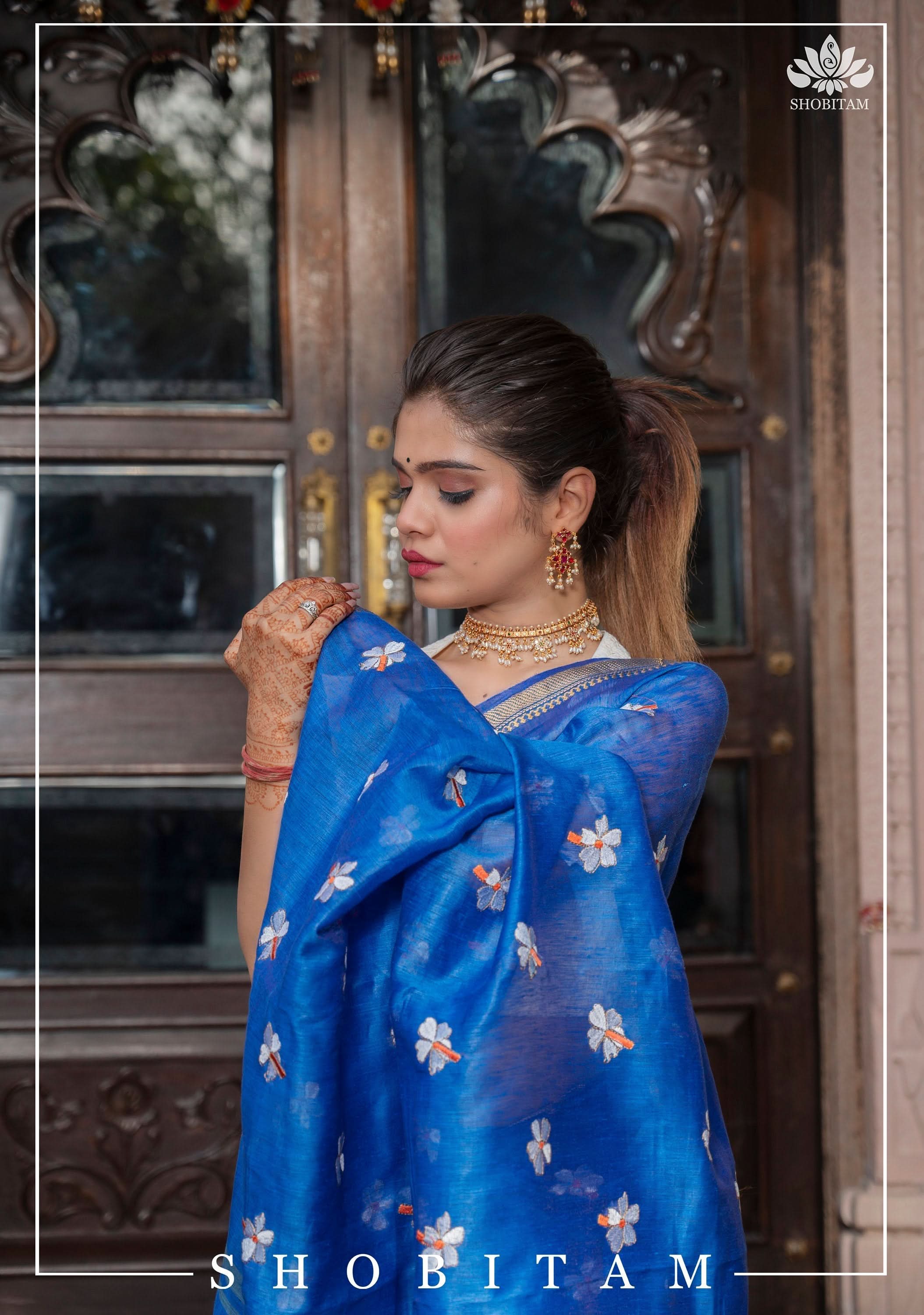 parijaat Blue Silk Linen Saree with Embroidery | Shobitam
