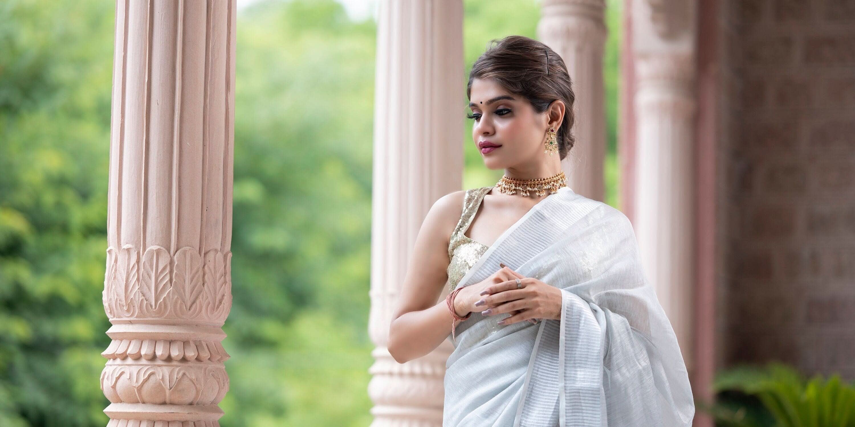 Silver and White Tissue Linen Saree | Shobitam Saree