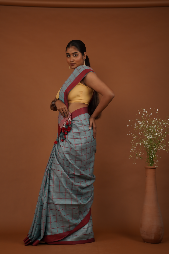 NeelMaroon Rekha Handwoven Slate Blue Cotton Saree | SHOBITAM