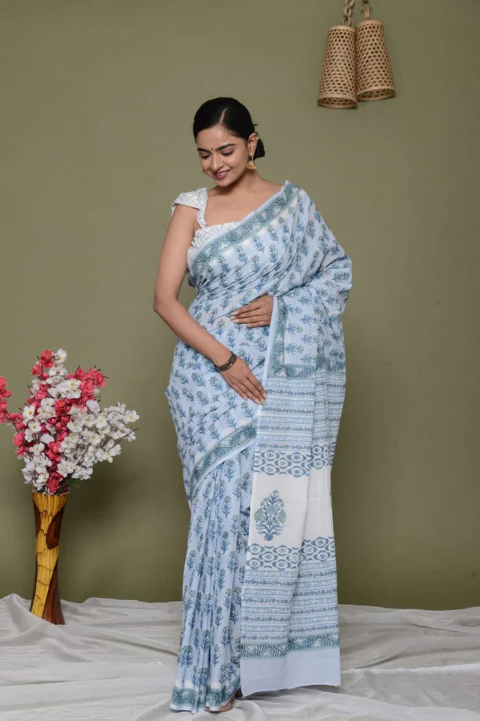 Light blue day time outdoorsy feel Jaipuri Sanganeri Mulmul Cotton ready made saree
