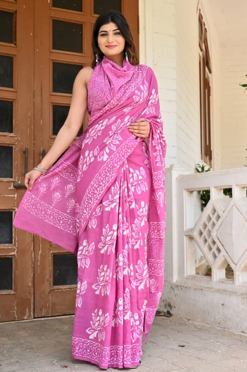 Pretty Pink Ready to Wear Saree in Handblock Print Mal mal saree