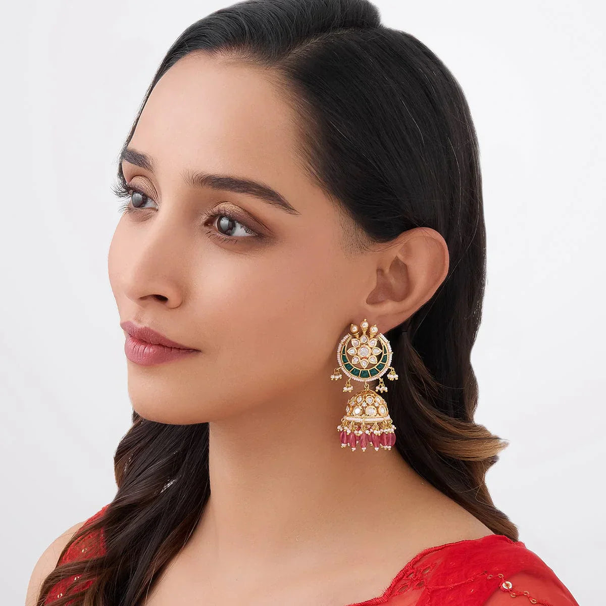Ornate Gold-Plated Chandbalis with Intricate Kundan Work, Ruby-like Stones, and Dangling Pearls | SHOBITAM