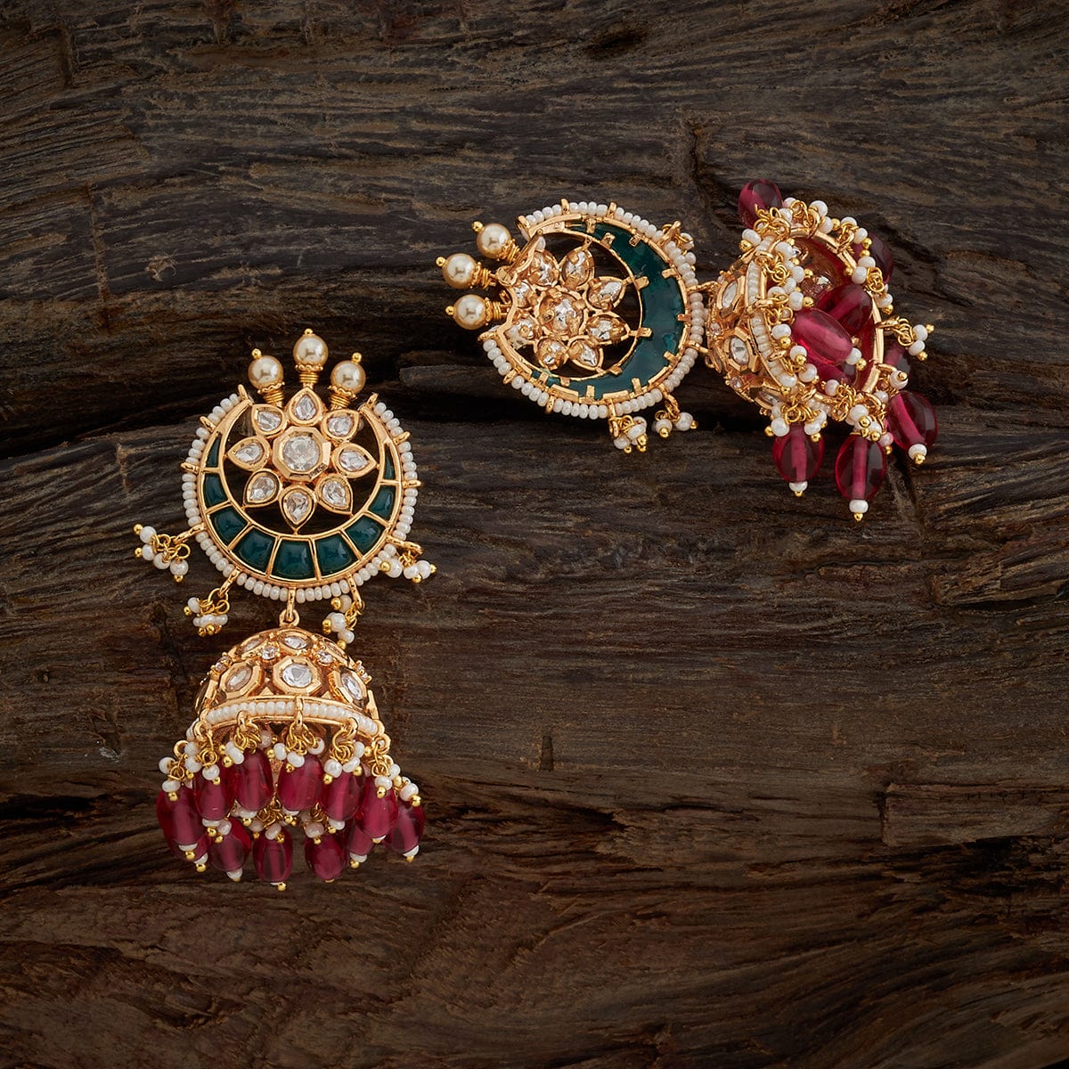 Ornate Gold-Plated Chandbalis with Intricate Kundan Work, Ruby-like Stones, and Dangling Pearls | SHOBITAM