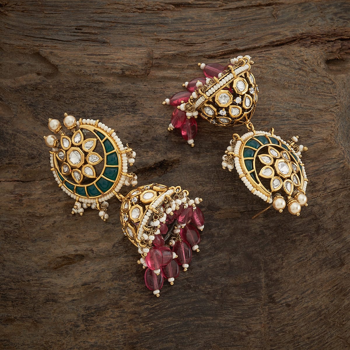 Ornate Gold-Plated Chandbalis with Intricate Kundan Work, Ruby-like Stones, and Dangling Pearls | SHOBITAM