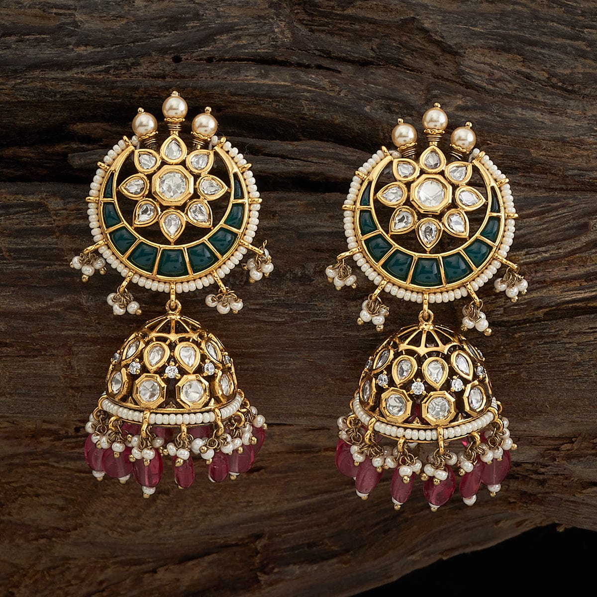 Ornate Gold-Plated Chandbalis with Intricate Kundan Work, Ruby-like Stones, and Dangling Pearls | SHOBITAM
