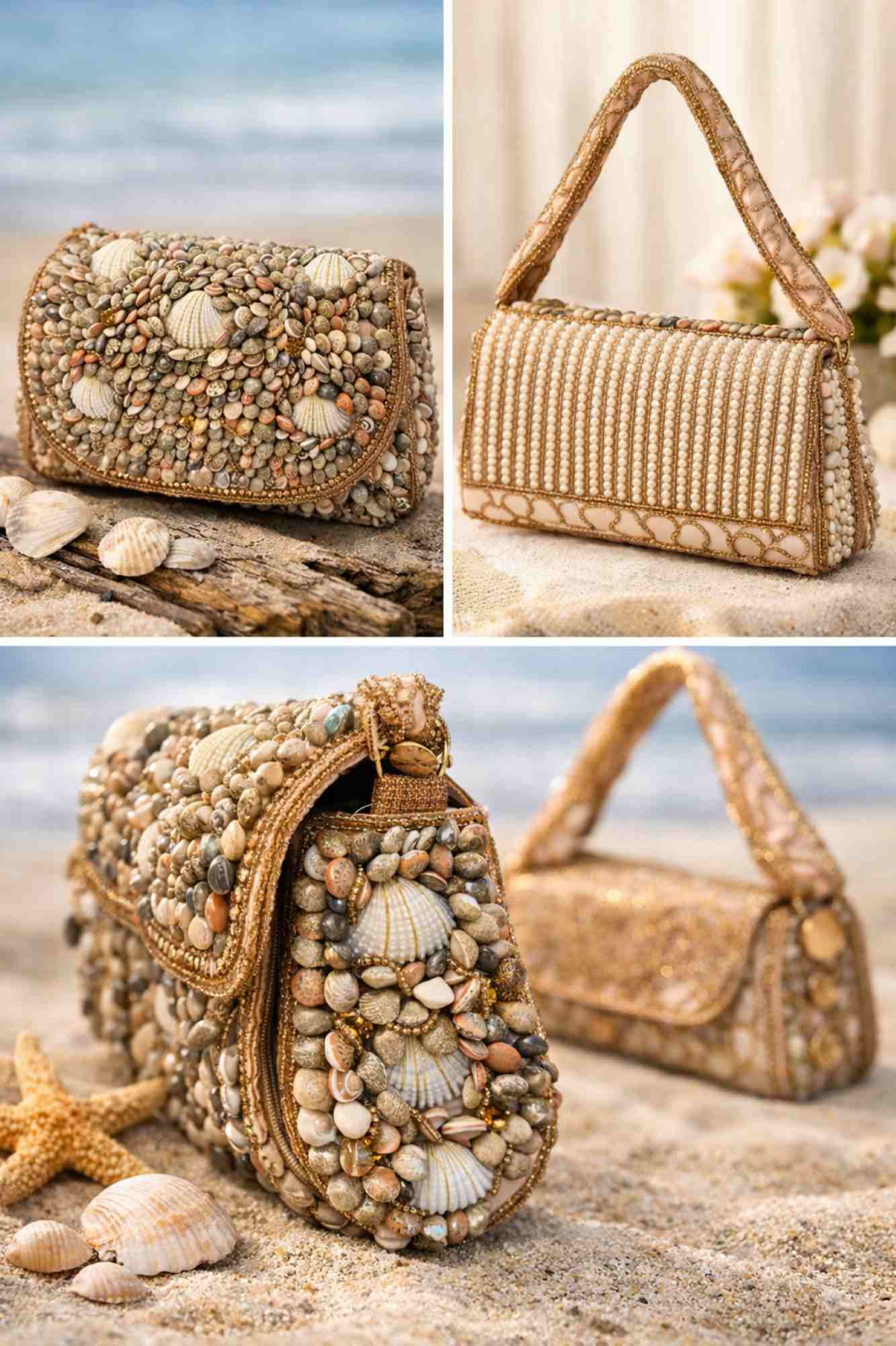 Handcrafted Seashell & Stone Embellished Statement Clutch Bag