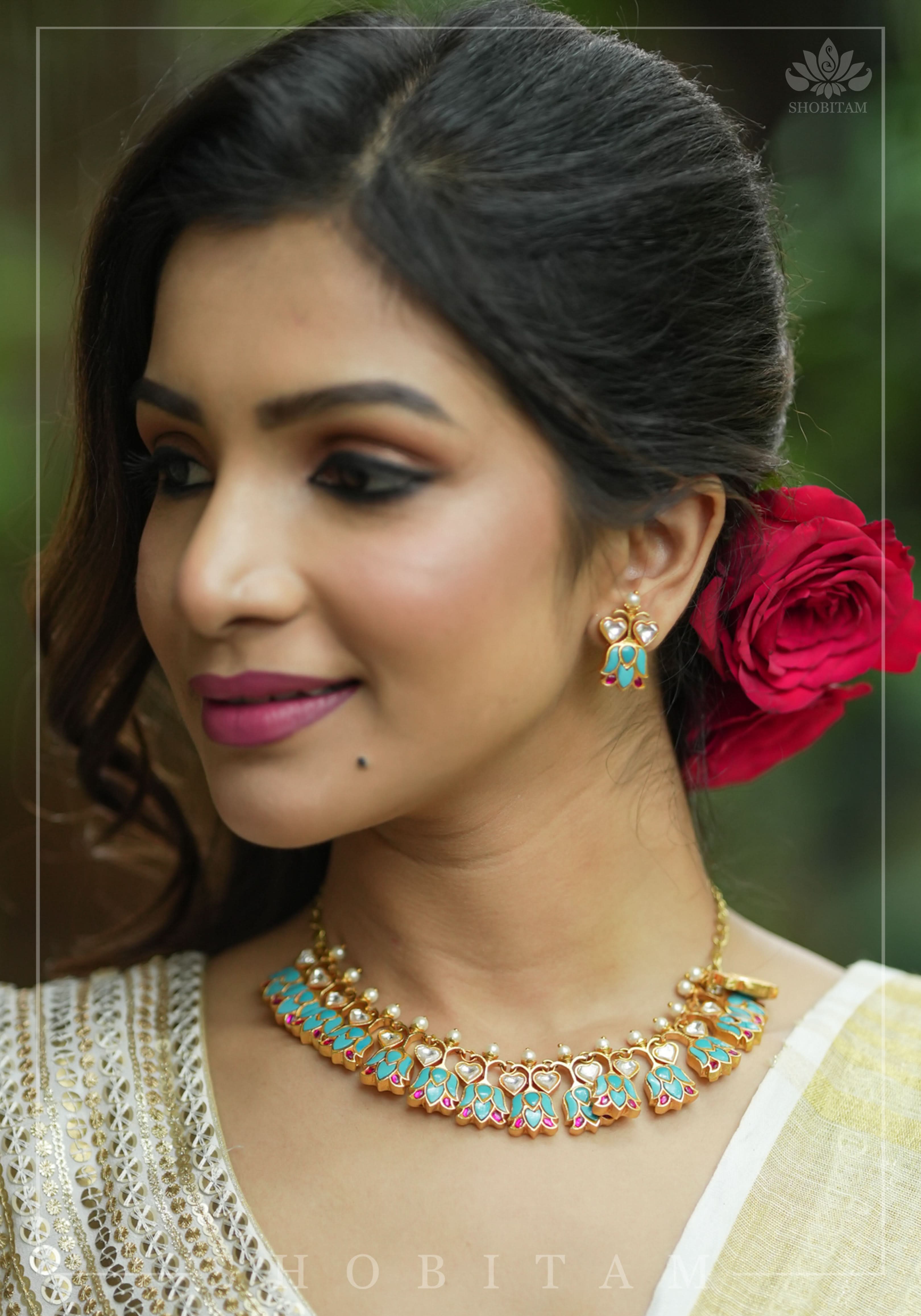 Grayish Teal Falling Lotus Design Falling Lotus design Jadau Necklace Set | SHOBITAM