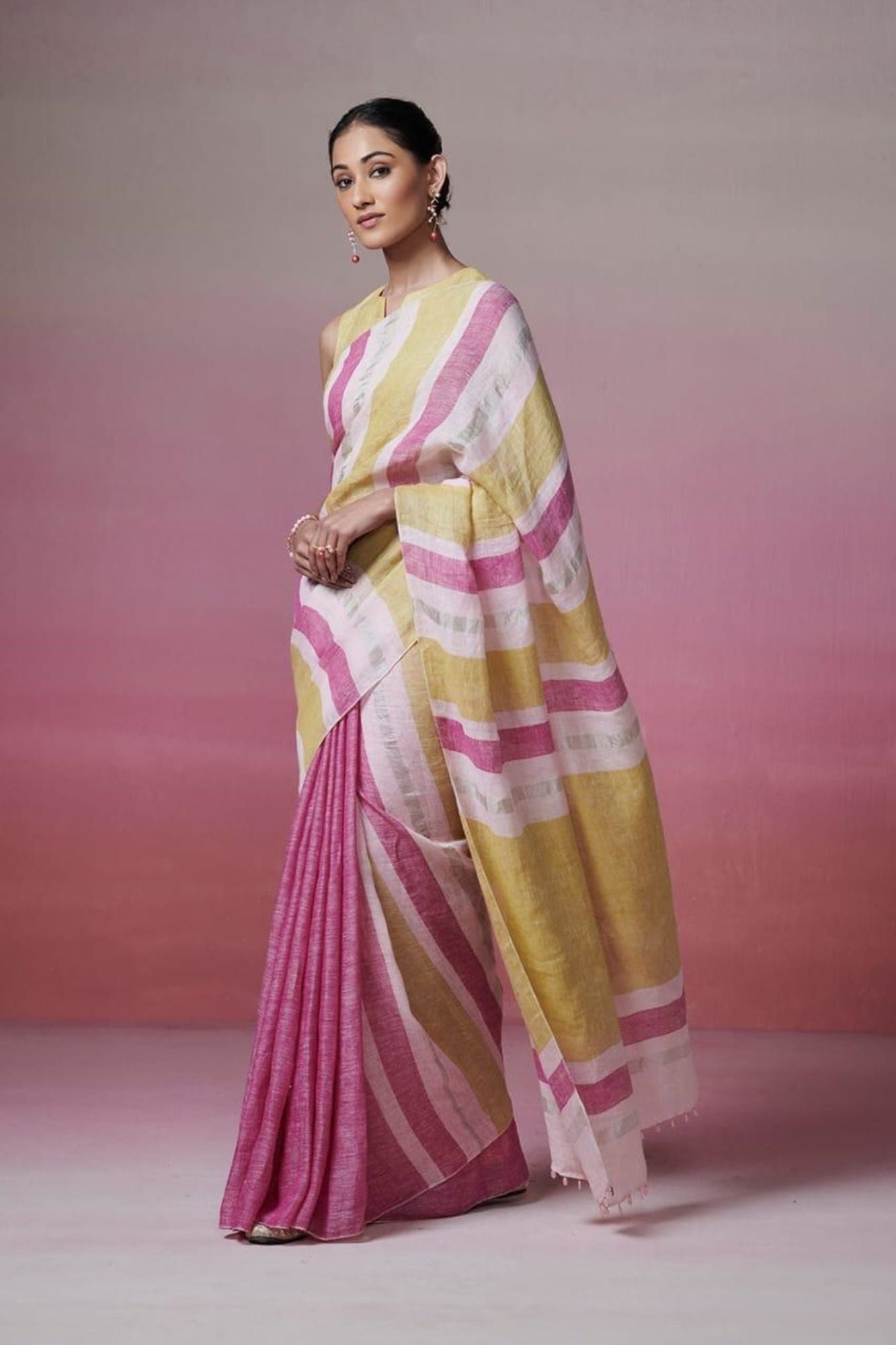 Linen Handwoven Multicolor Stripes Ready To Wear Saree