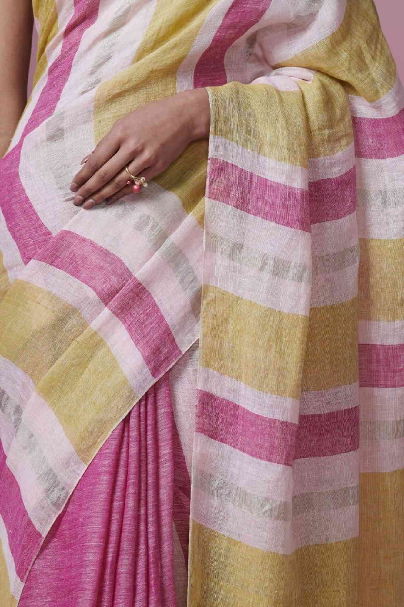 Linen Handwoven Multicolor Stripes Ready To Wear Saree