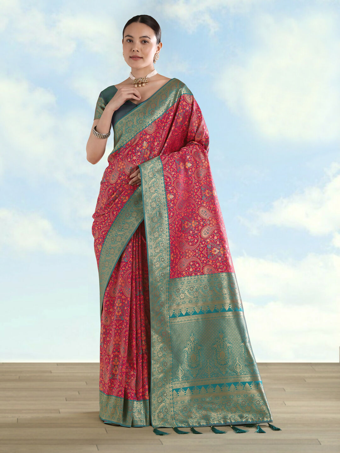 Rani pink Banarasi Semi Silk Saree With Traditional Paisley Weaves | Shobitam