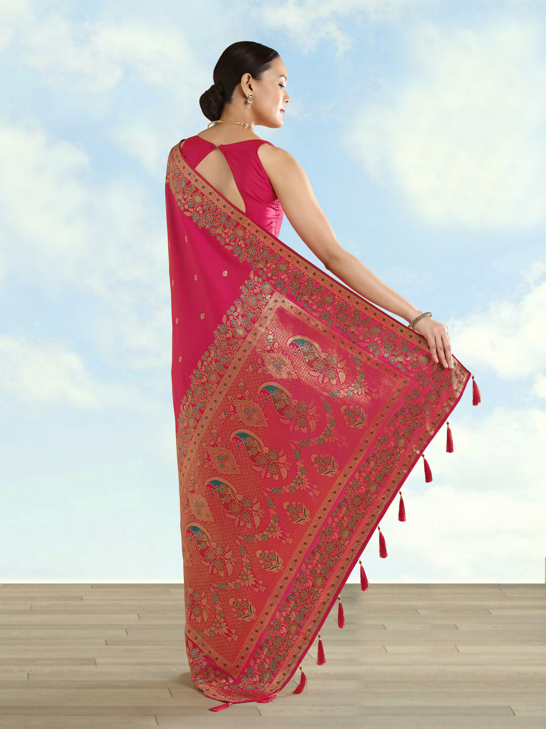 Rani Pink Semi Banarasi Satin silk Saree With Zari Border And Butti Work | Shobitam