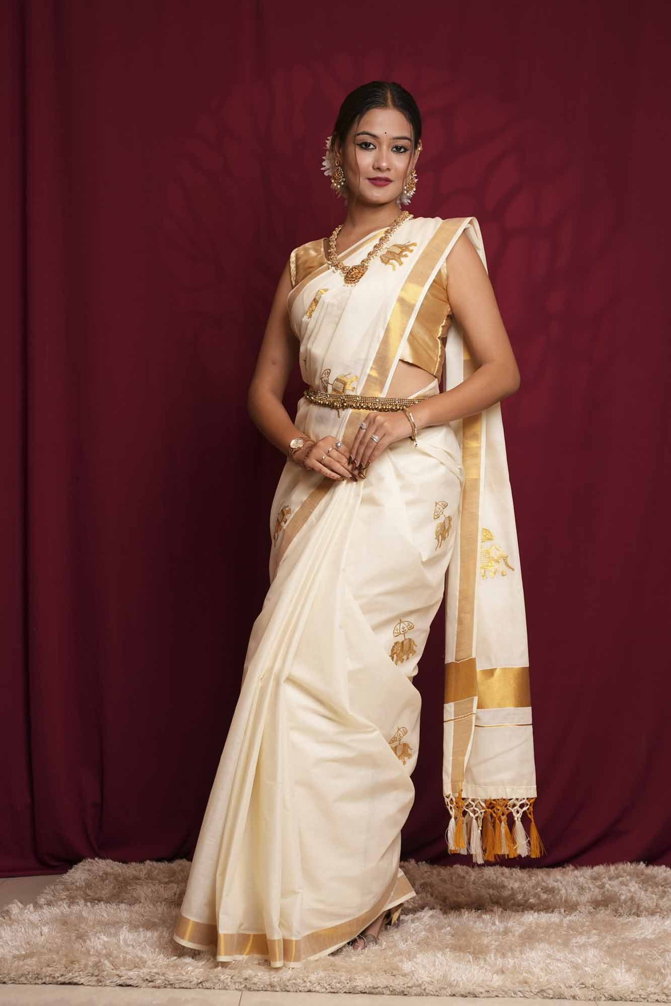 Traditional White Kerala Kasavu with Golden Border & Elephant Motifs Ready To Wear Saree