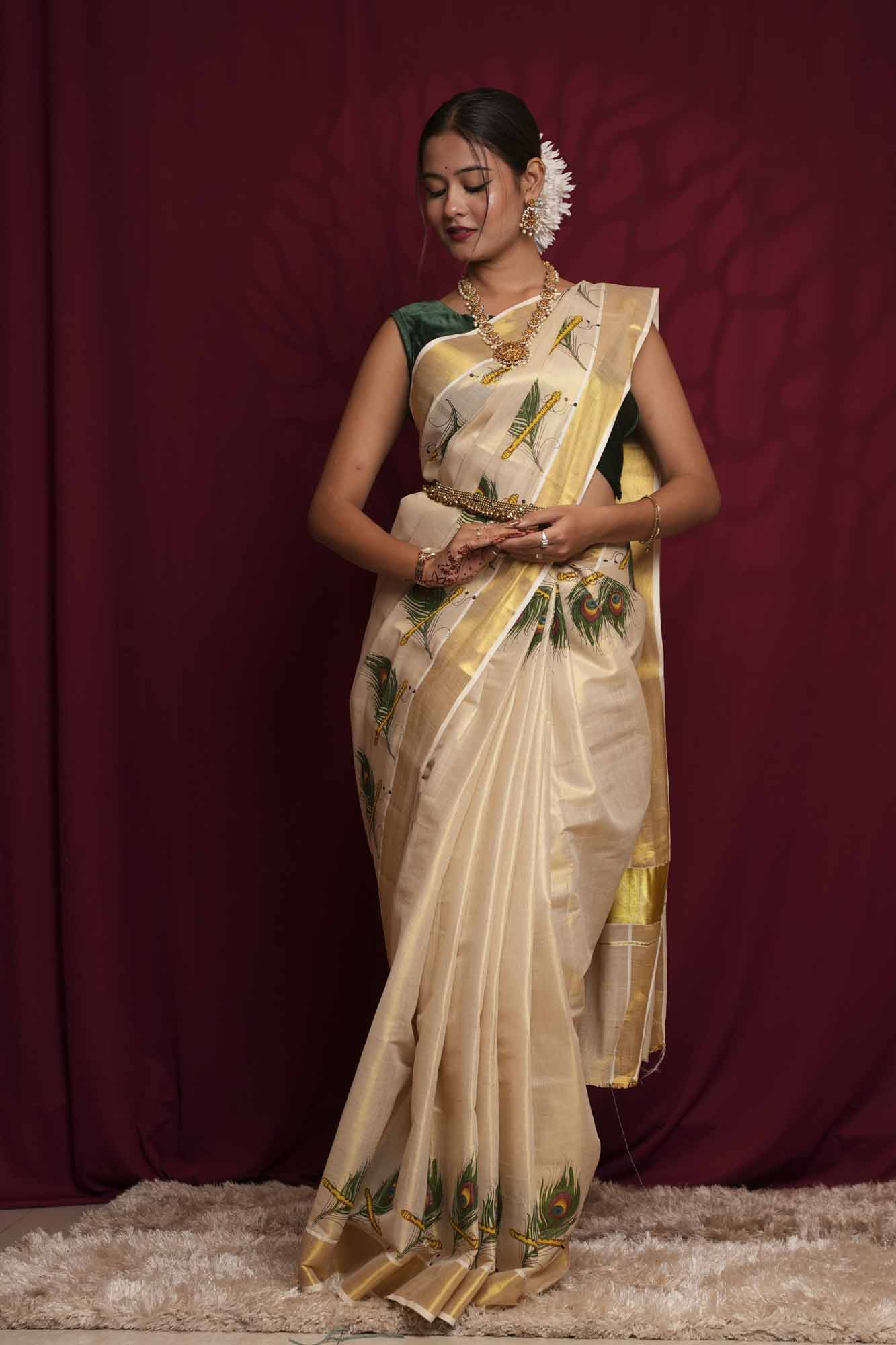 Off-White Kasavu with Peacock Feather & Flute Print and Golden Zari Border Ready To Wear Saree
