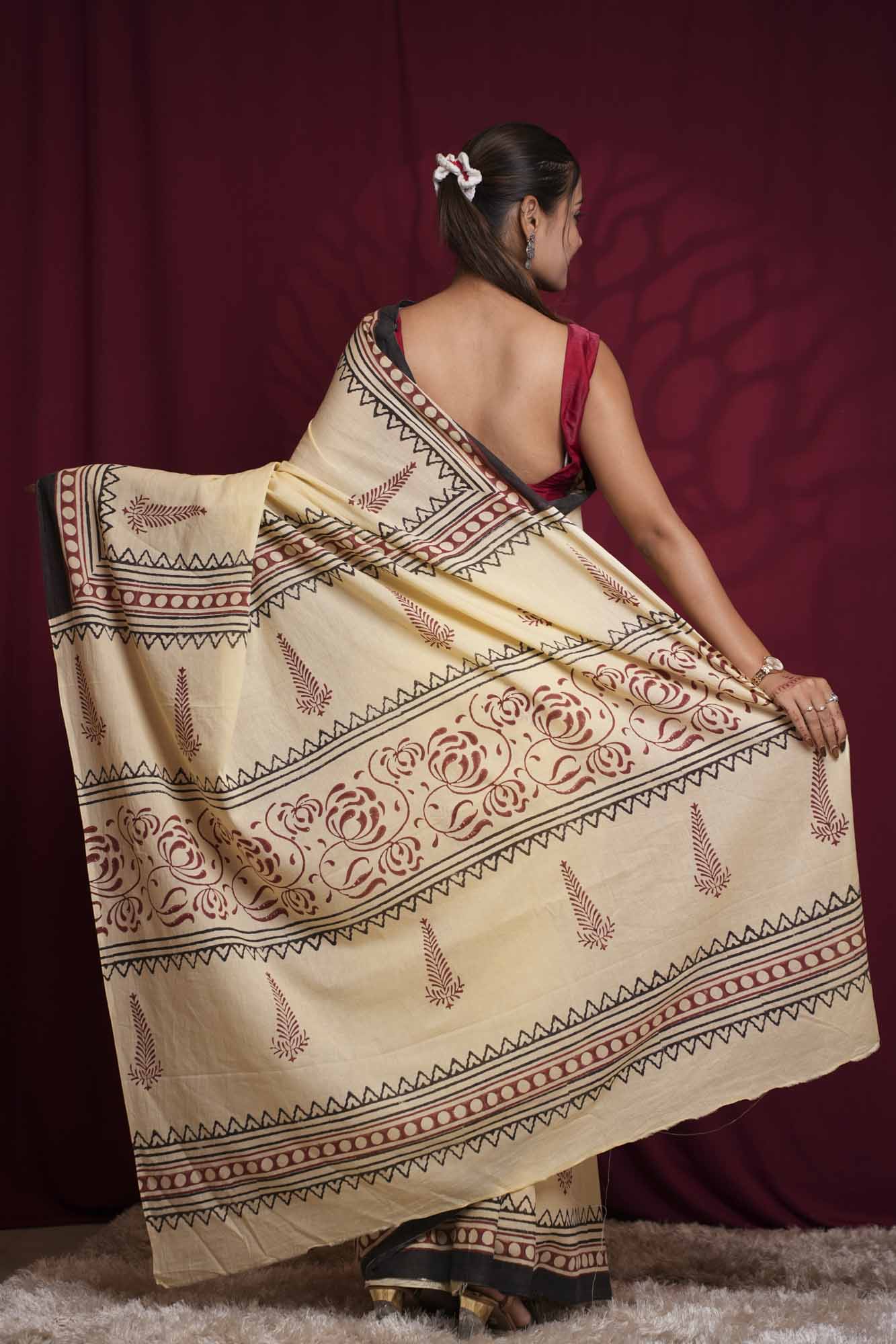 Beige Hand Block Print With Border Design Cotton Ready To Wear Saree