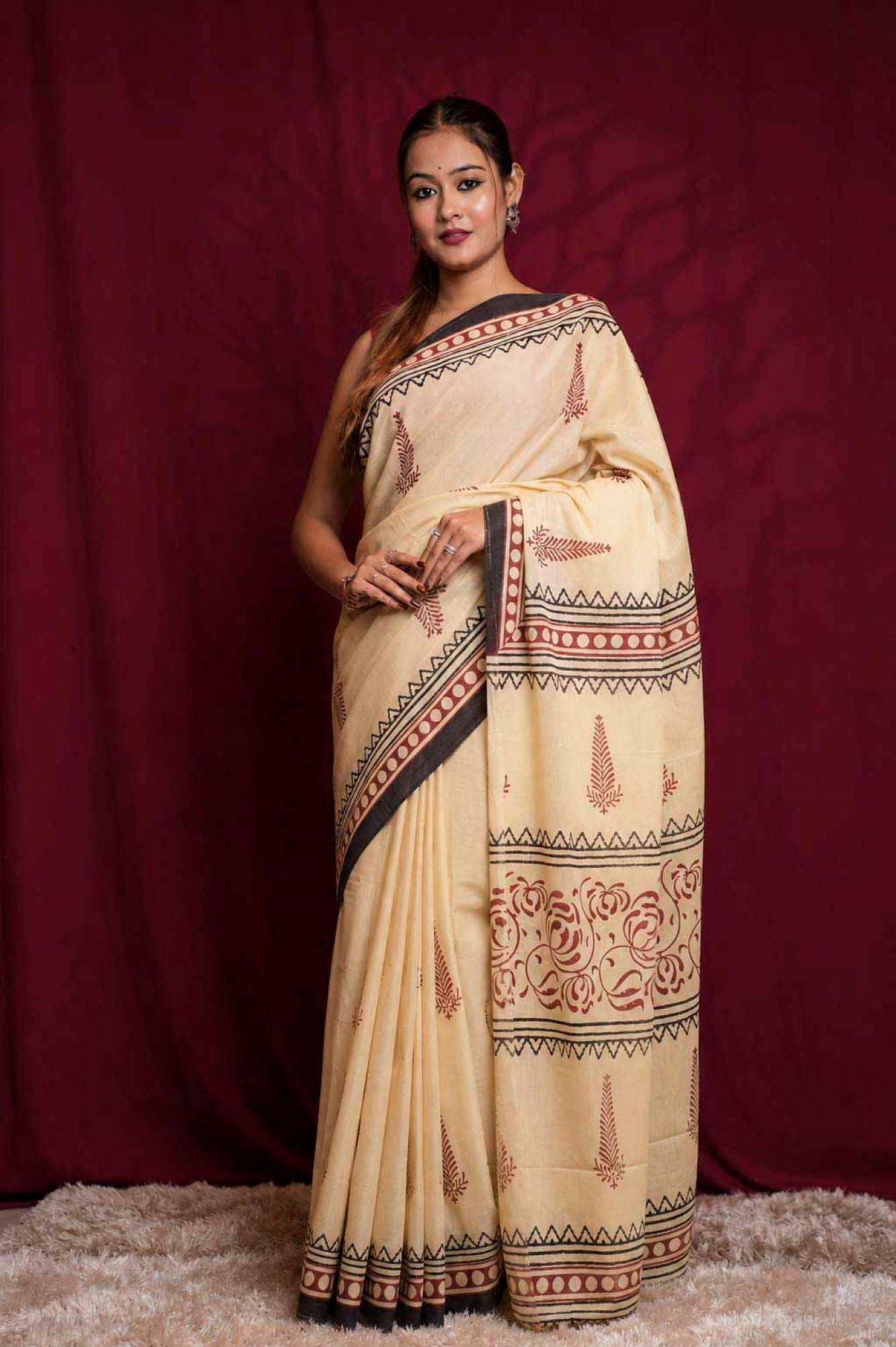 Beige Hand Block Print With Border Design Cotton Ready To Wear Saree