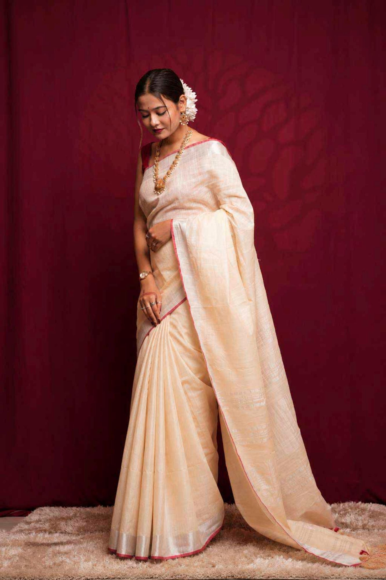 Off white bhagalpuri linen with zari & red tiny border Ready To Wear saree