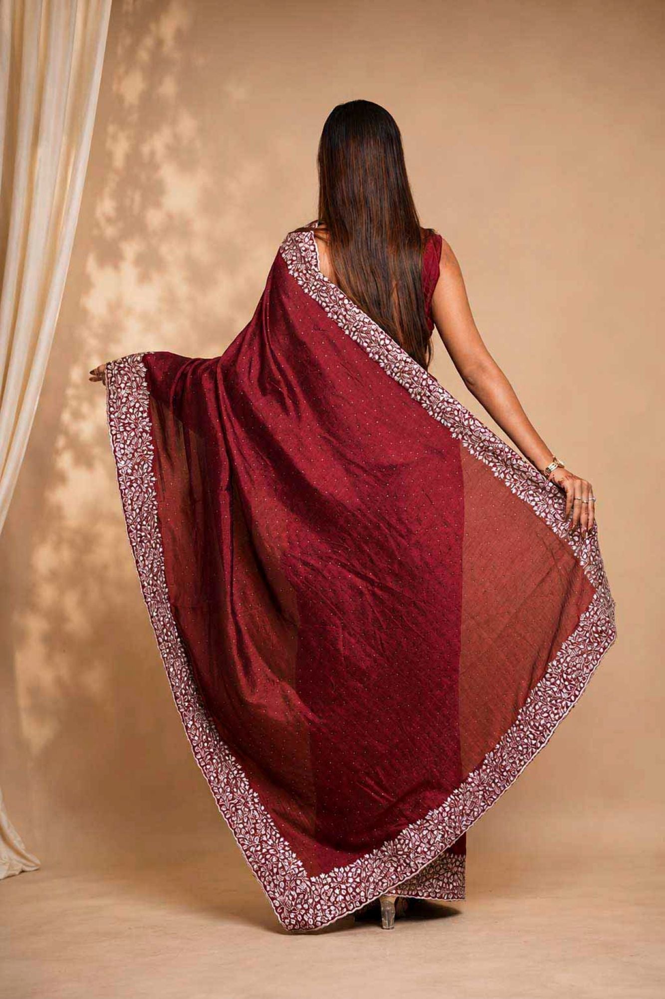 Ready To Wear Zari Embroidered Border With Overall Stone Work Saree