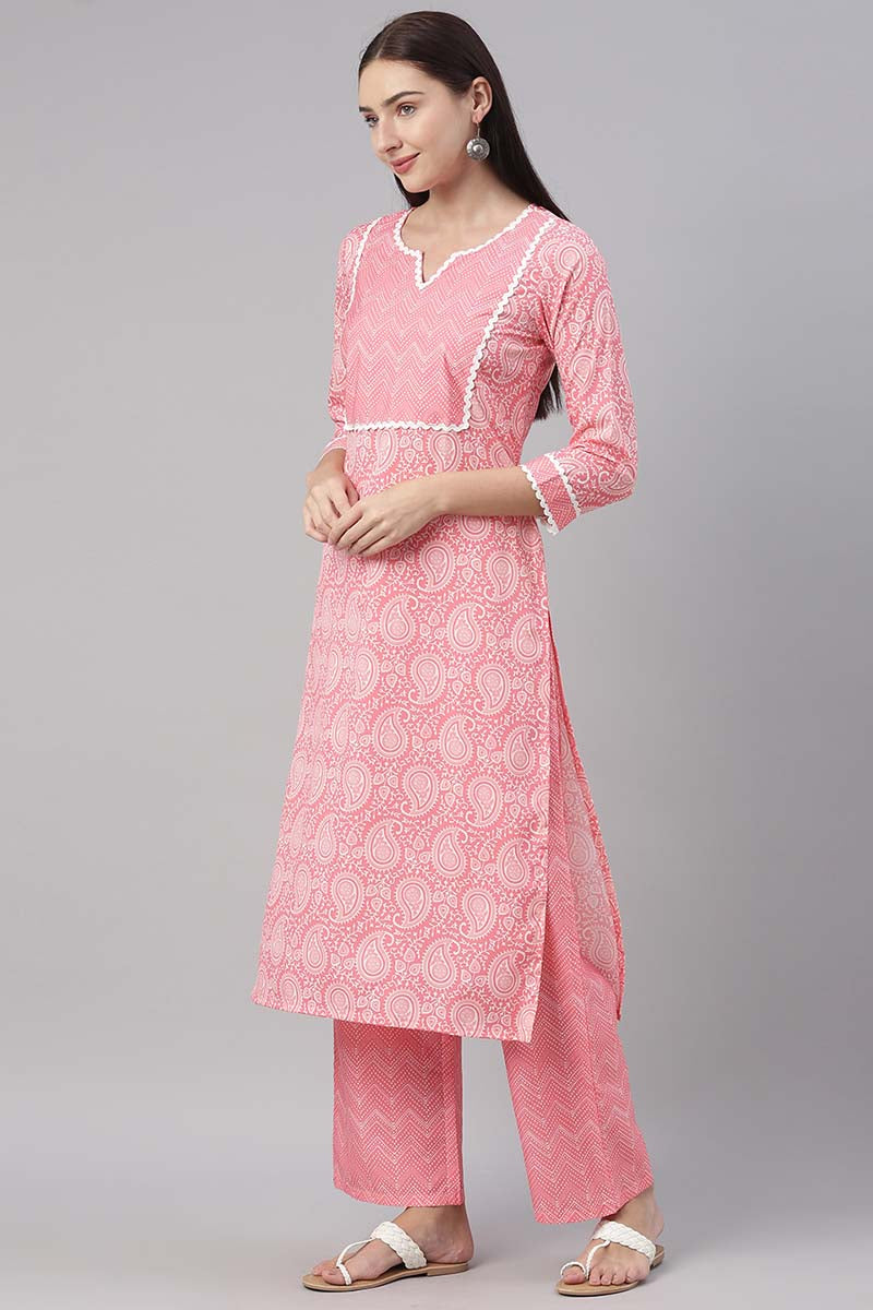 Pink Polyester Paisley Printed Straight Suit Set | SHOBITAM