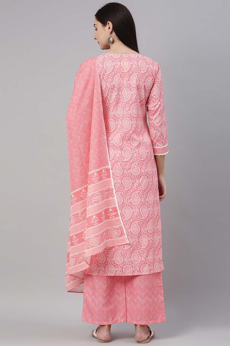 Pink Polyester Paisley Printed Straight Suit Set | SHOBITAM