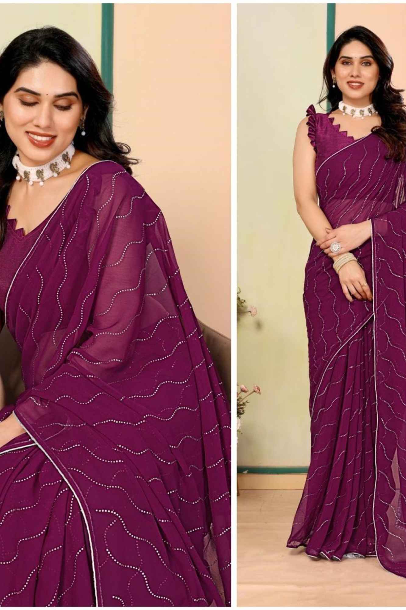 Soft Georgette Purple with Elegant Wave Embellishments Ready To Wear Saree