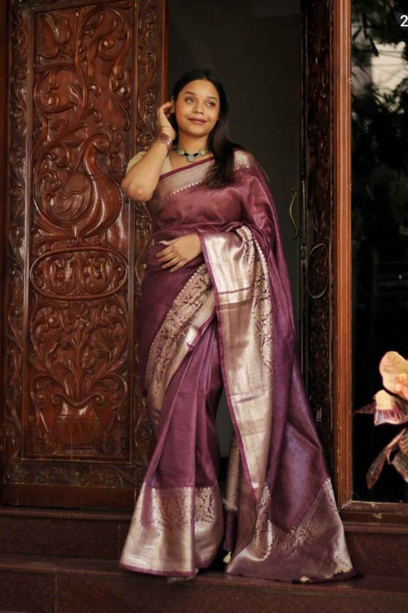 Wine Silk Linen Handloom with Golden Zari Jacquard Border Ready To Wear Saree
