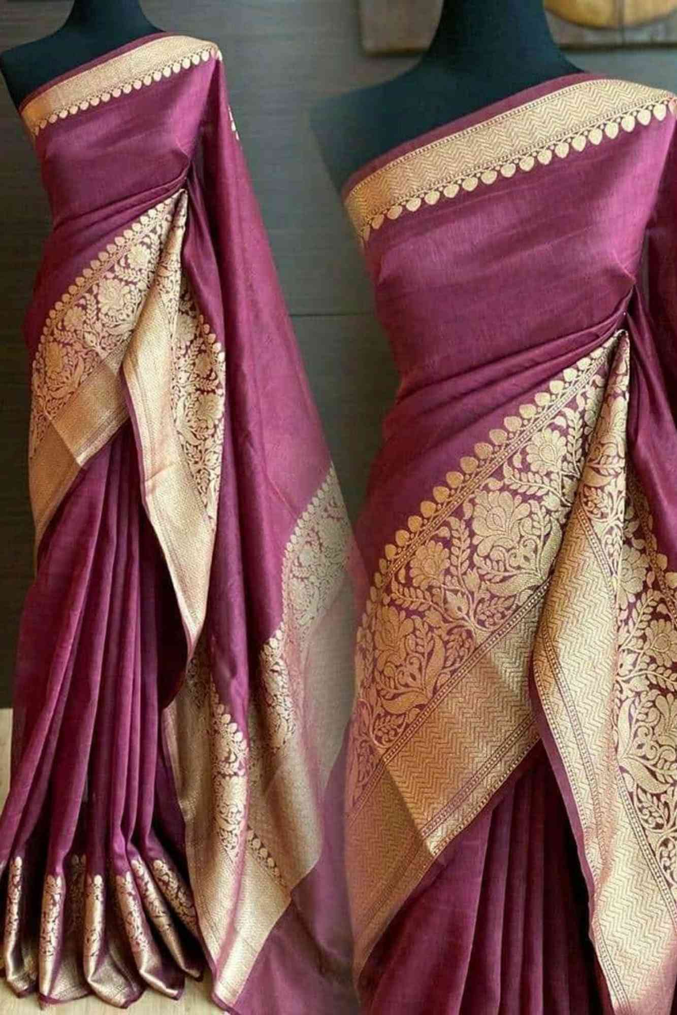 Wine Silk Linen Handloom with Golden Zari Jacquard Border Ready To Wear Saree