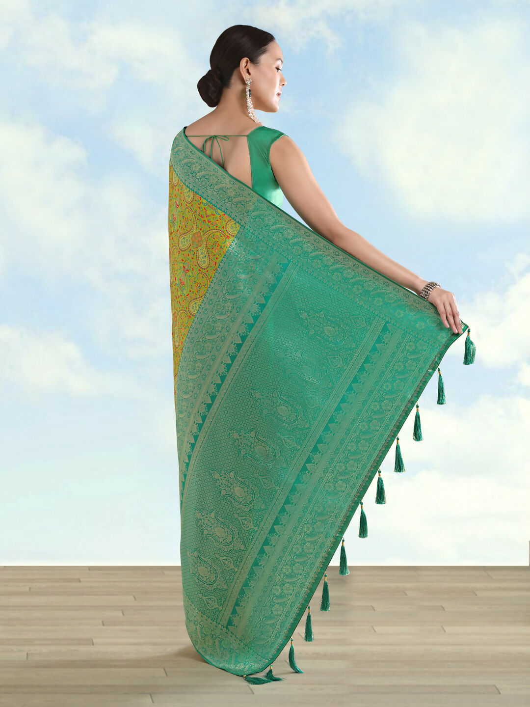Lemon Green Banarasi Semi Silk Saree With Traditional Paisley Weaves | Shobitam