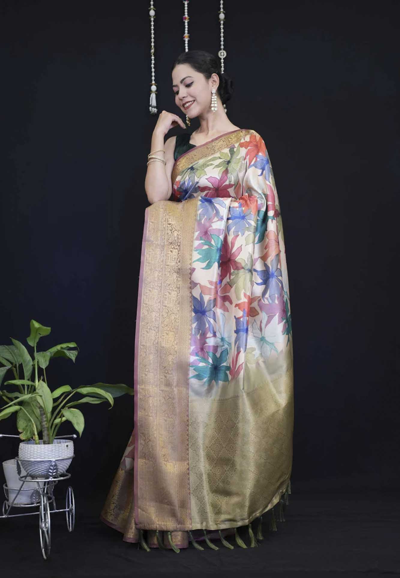Exquisite Floral Printed & Broad Zari Detailed Bordered Kanjeevaram With Tassels Pre Drape Saree