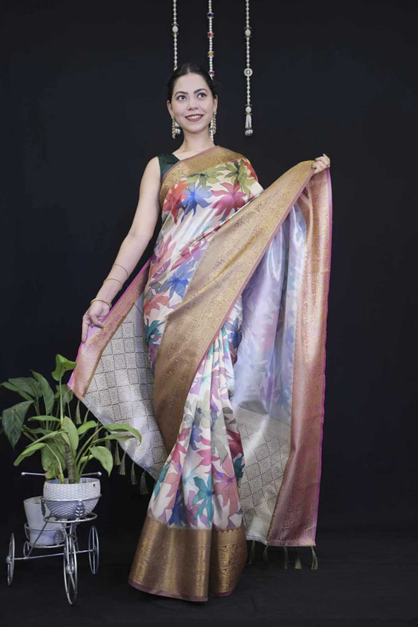 Exquisite Floral Printed & Broad Zari Detailed Bordered Kanjeevaram With Tassels Pre Drape Saree