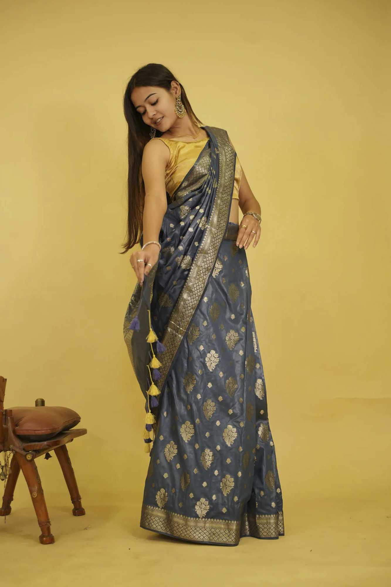 Exquisite Katan Inspired Silk Saree with Intricate All-Over Butas and Ornate Palla, Adorned with Luxurious Tassels – A Ready-to-Wear Saree