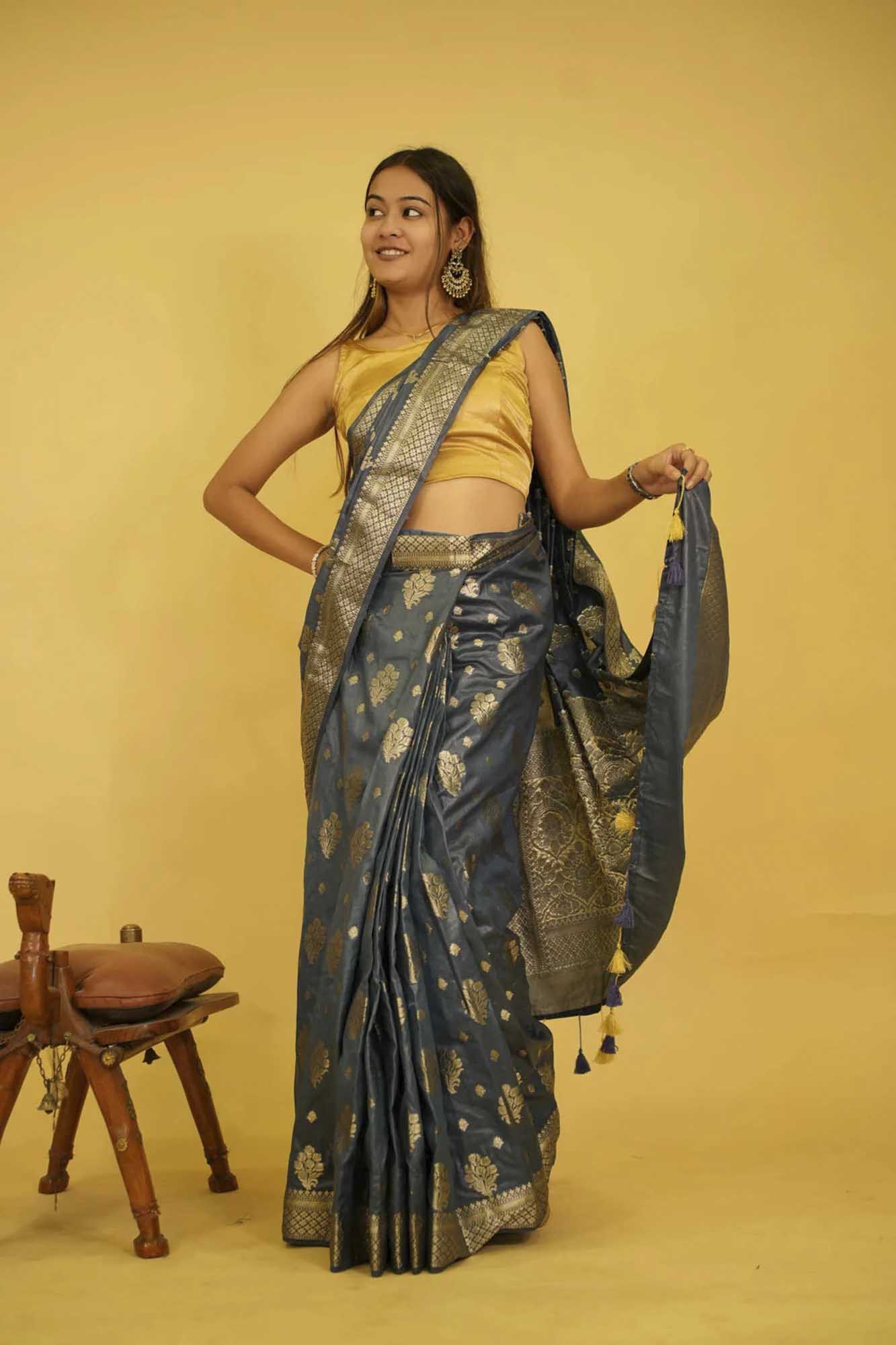 Exquisite Katan Inspired Silk Saree with Intricate All-Over Butas and Ornate Palla, Adorned with Luxurious Tassels – A Ready-to-Wear Saree