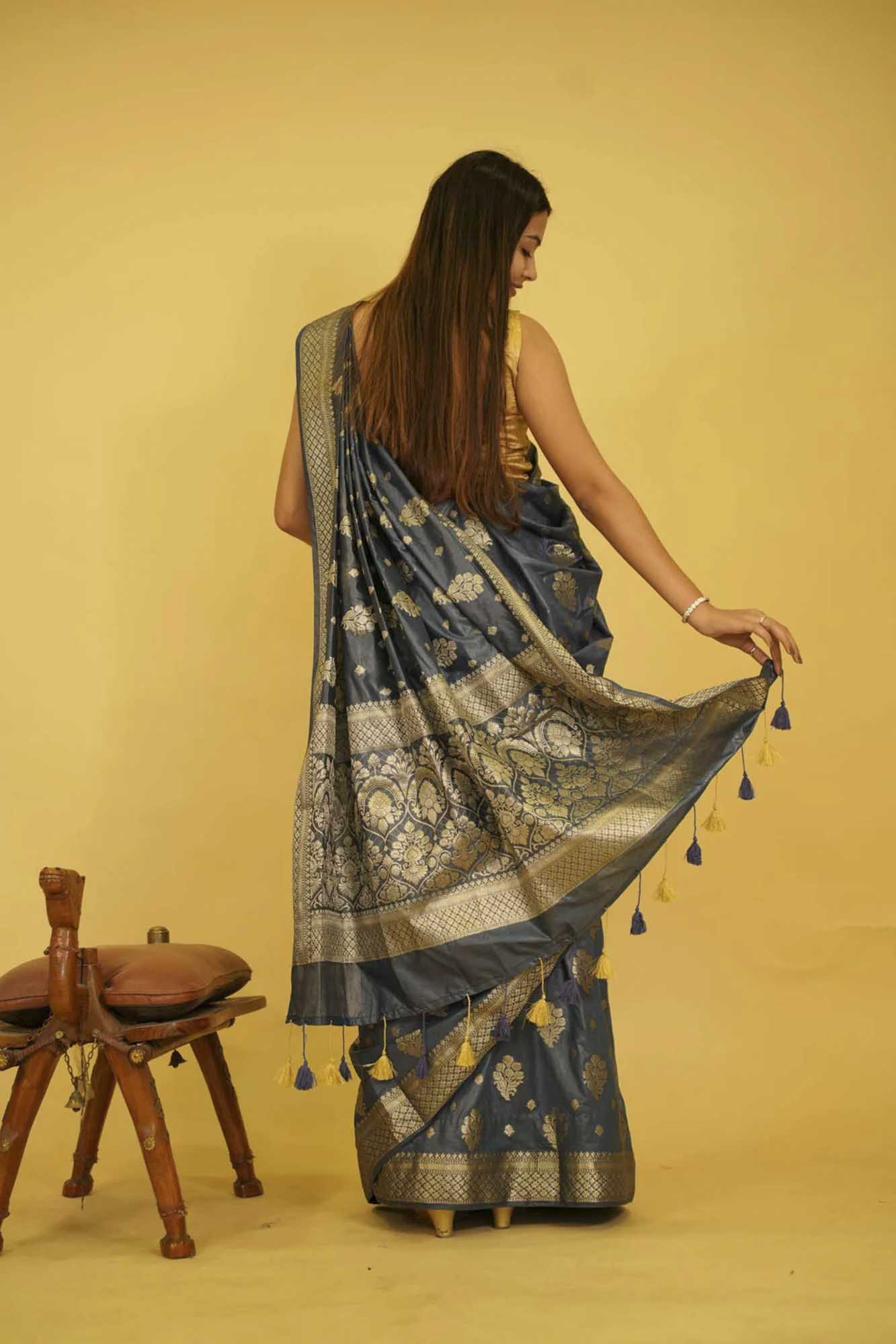 Exquisite Katan Inspired Silk Saree with Intricate All-Over Butas and Ornate Palla, Adorned with Luxurious Tassels – A Ready-to-Wear Saree