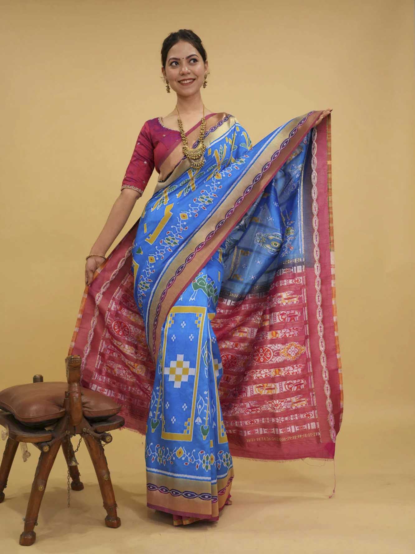 Firozi Blue With Contrast Border & Palla With Ikat Woven Overall Ready To Wear Saree