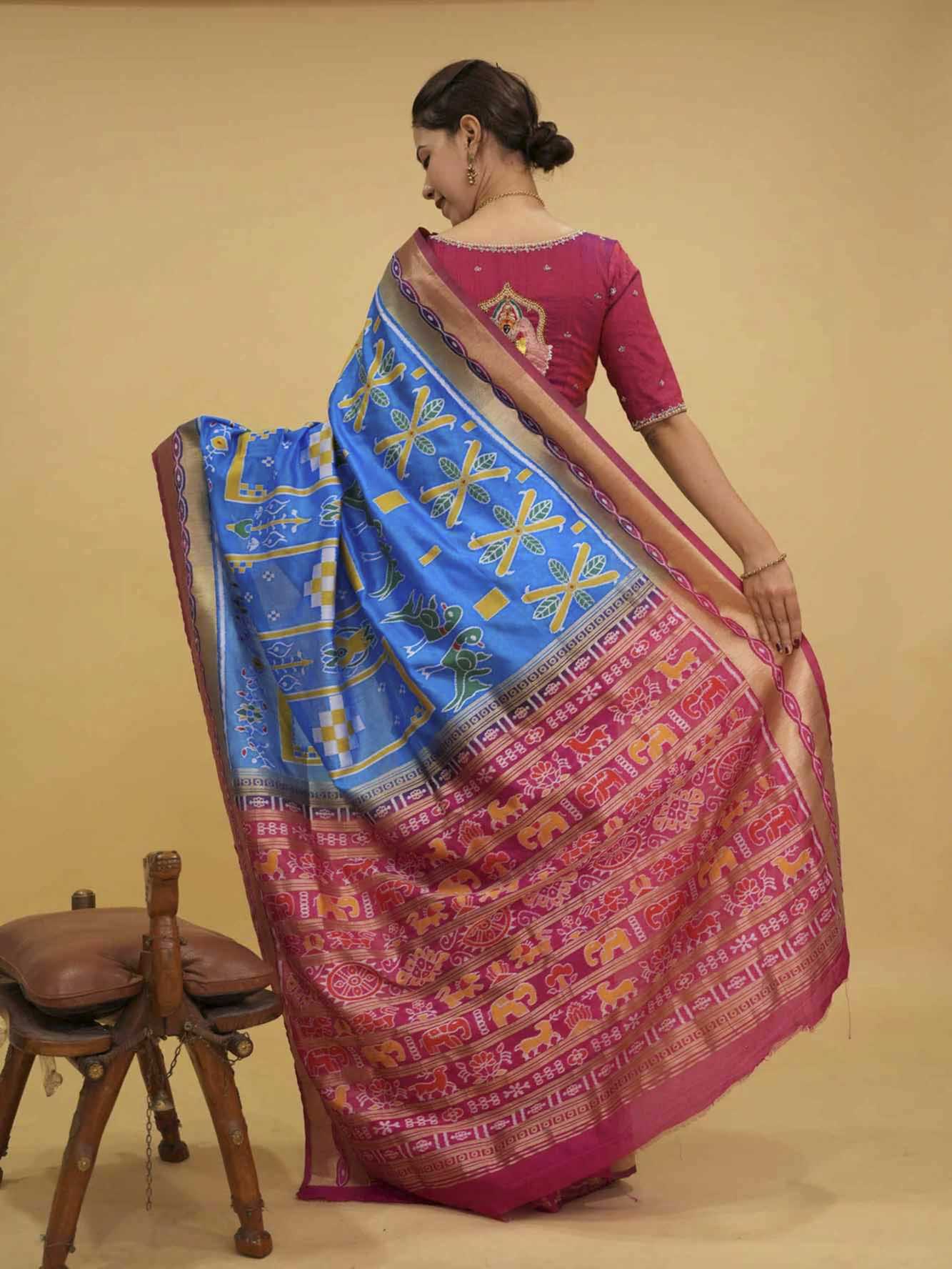 Firozi Blue With Contrast Border & Palla With Ikat Woven Overall Ready To Wear Saree