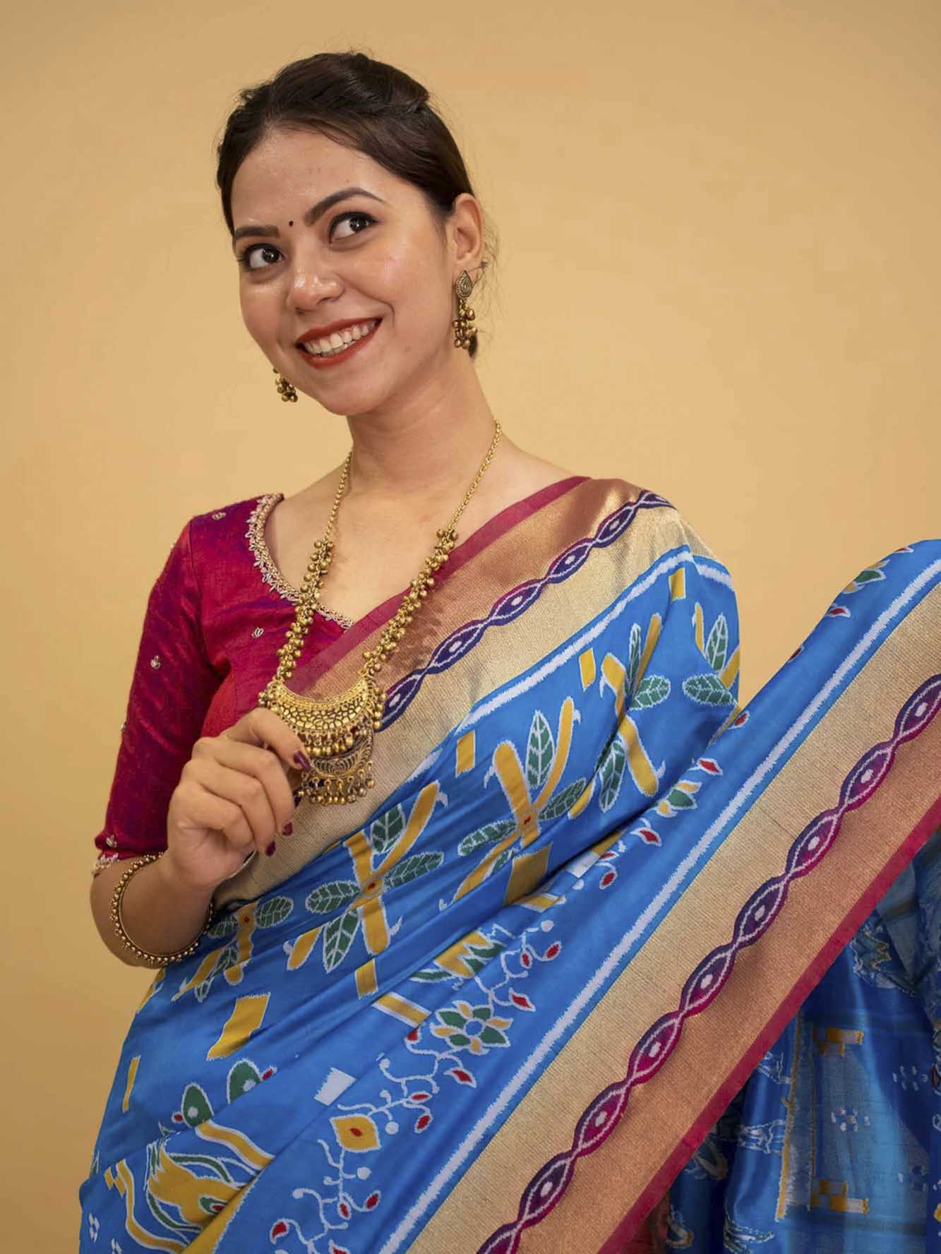 Firozi Blue With Contrast Border & Palla With Ikat Woven Overall Ready To Wear Saree