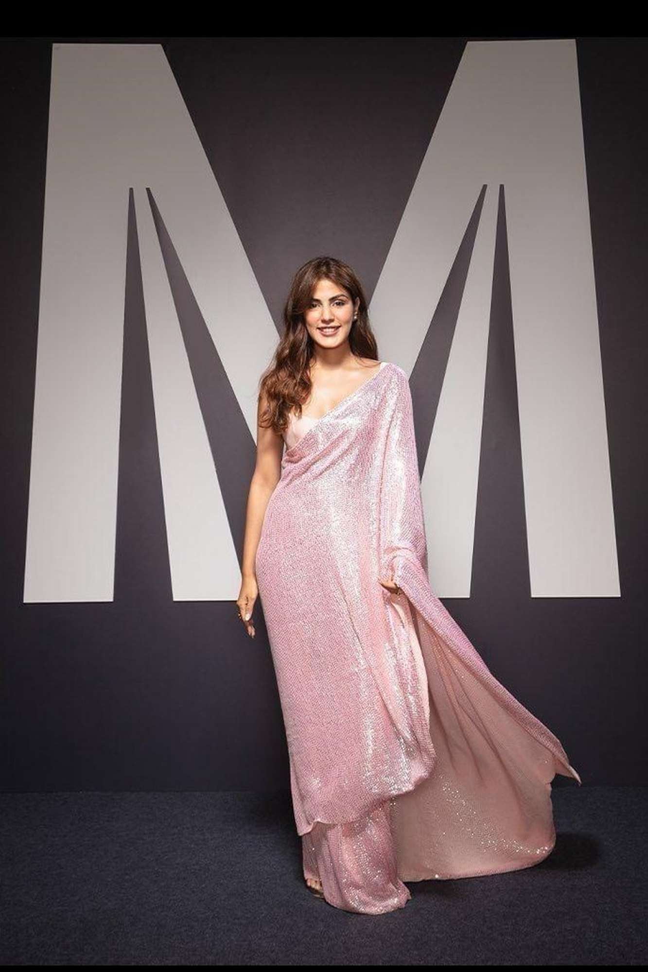 Bollywood celebrity inspired Pink Georgette with Glam Sequin Work Ready To Wear Saree