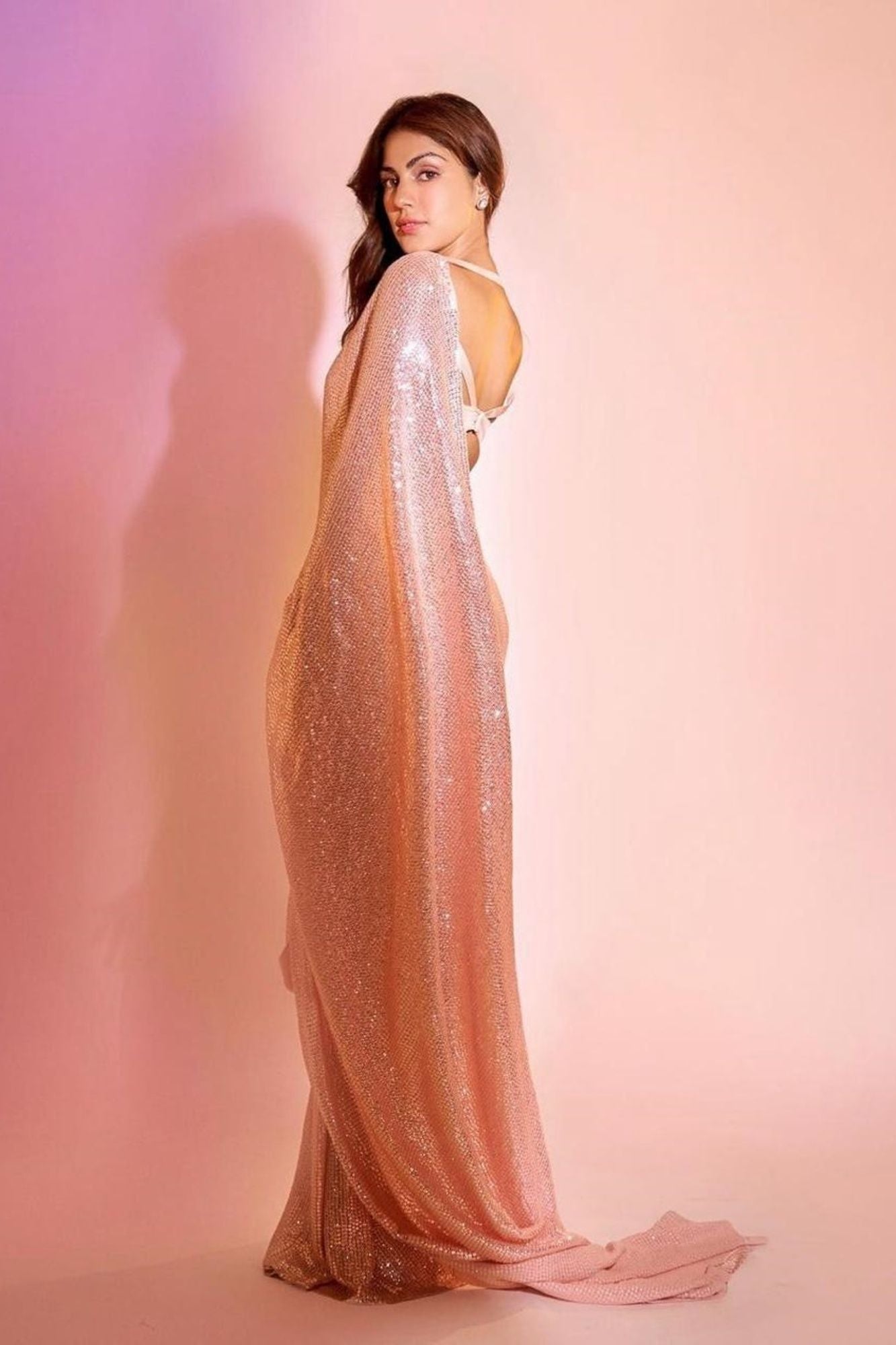 Bollywood celebrity inspired Pink Georgette with Glam Sequin Work Ready To Wear Saree