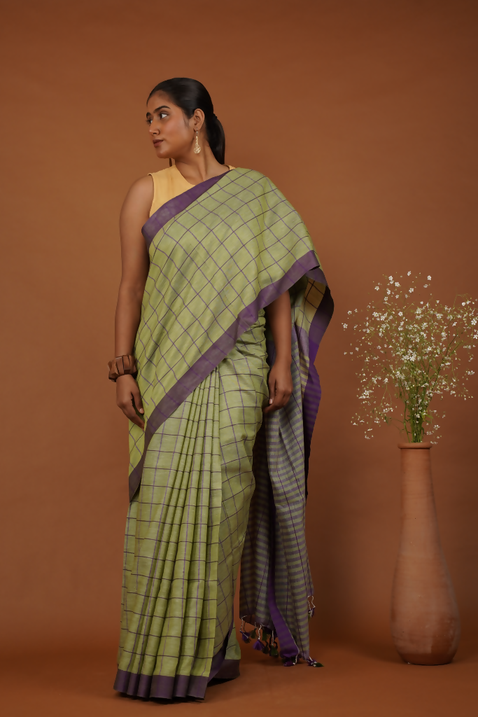 Vanika Rekha Handwoven Olive Green Cotton Saree | SHOBITAM